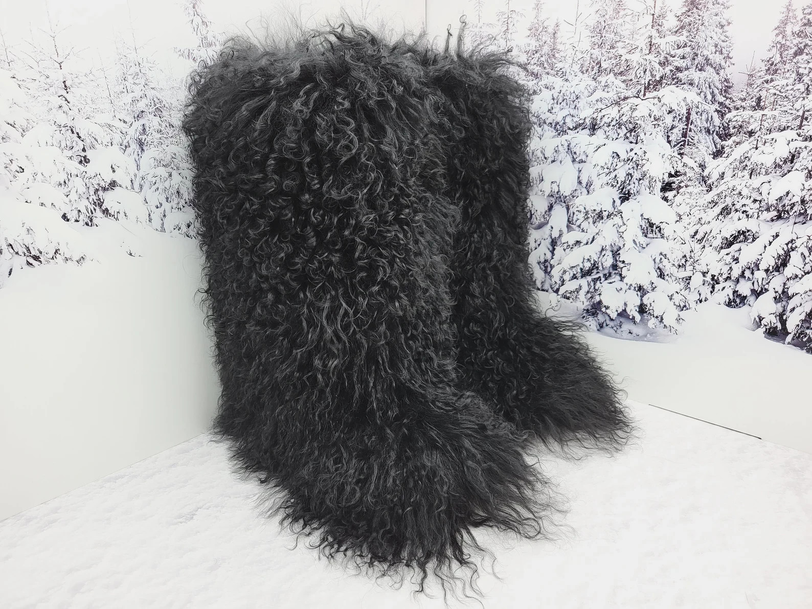 Black Super shaggy real llama fur women yeti boots Winter boots for women