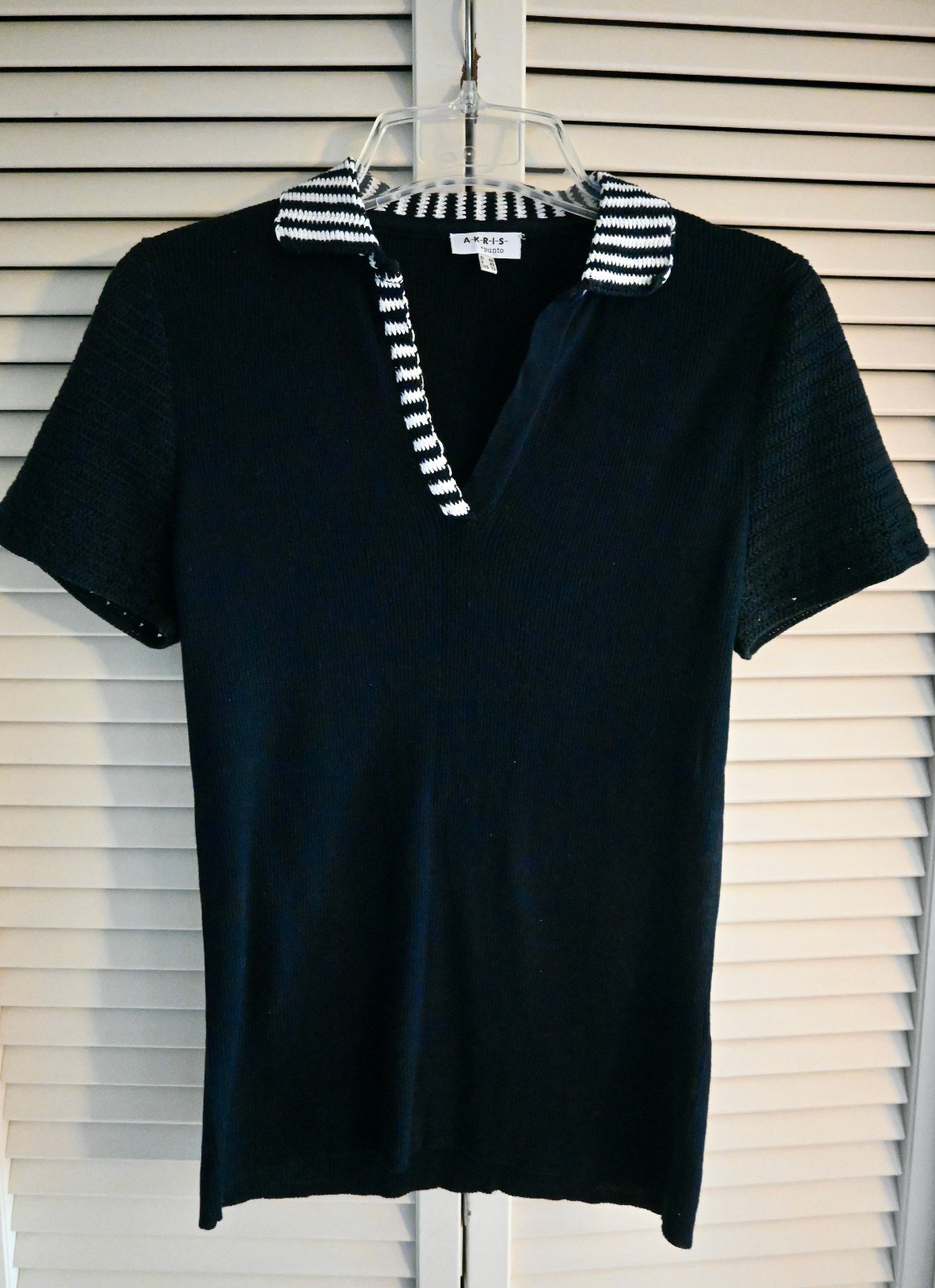 Vintage AKRIS Slim Fit 100% Cotton Cap Sleeve Knit Top Navy Sz 10