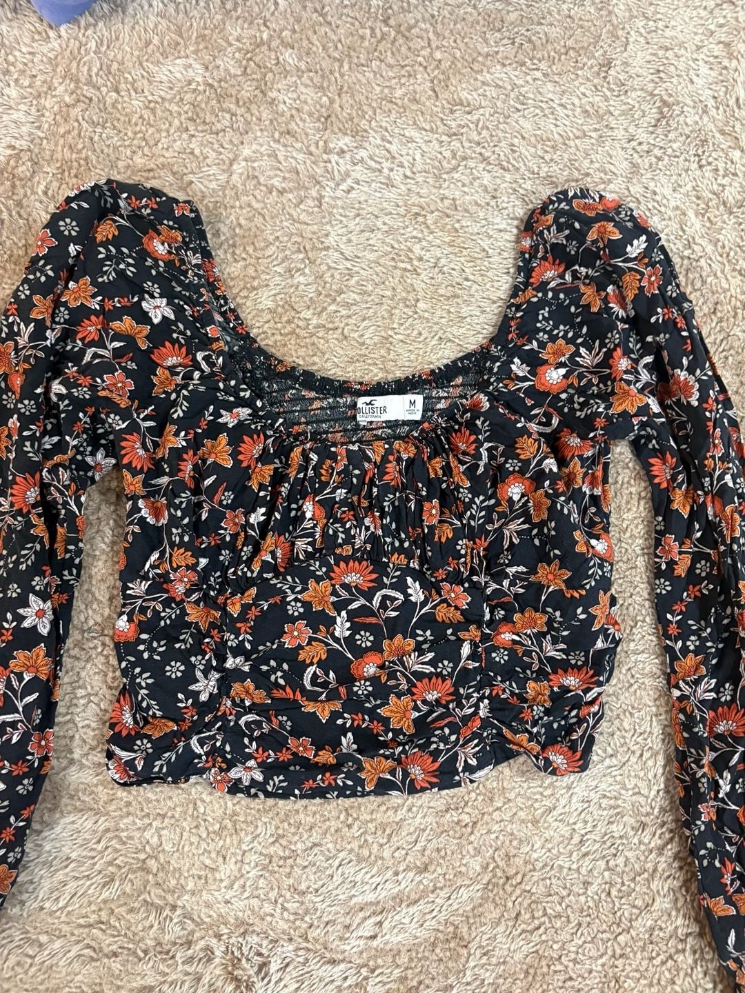 Hollister Black Floral Smocked Peasant Blouse or Top Sz M