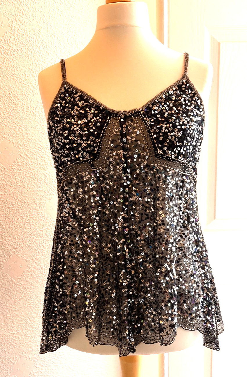 ✨ Evie Black Sparkly Sequin Beaded Cami Top Size 14-16 Party Festival Hanky Hem