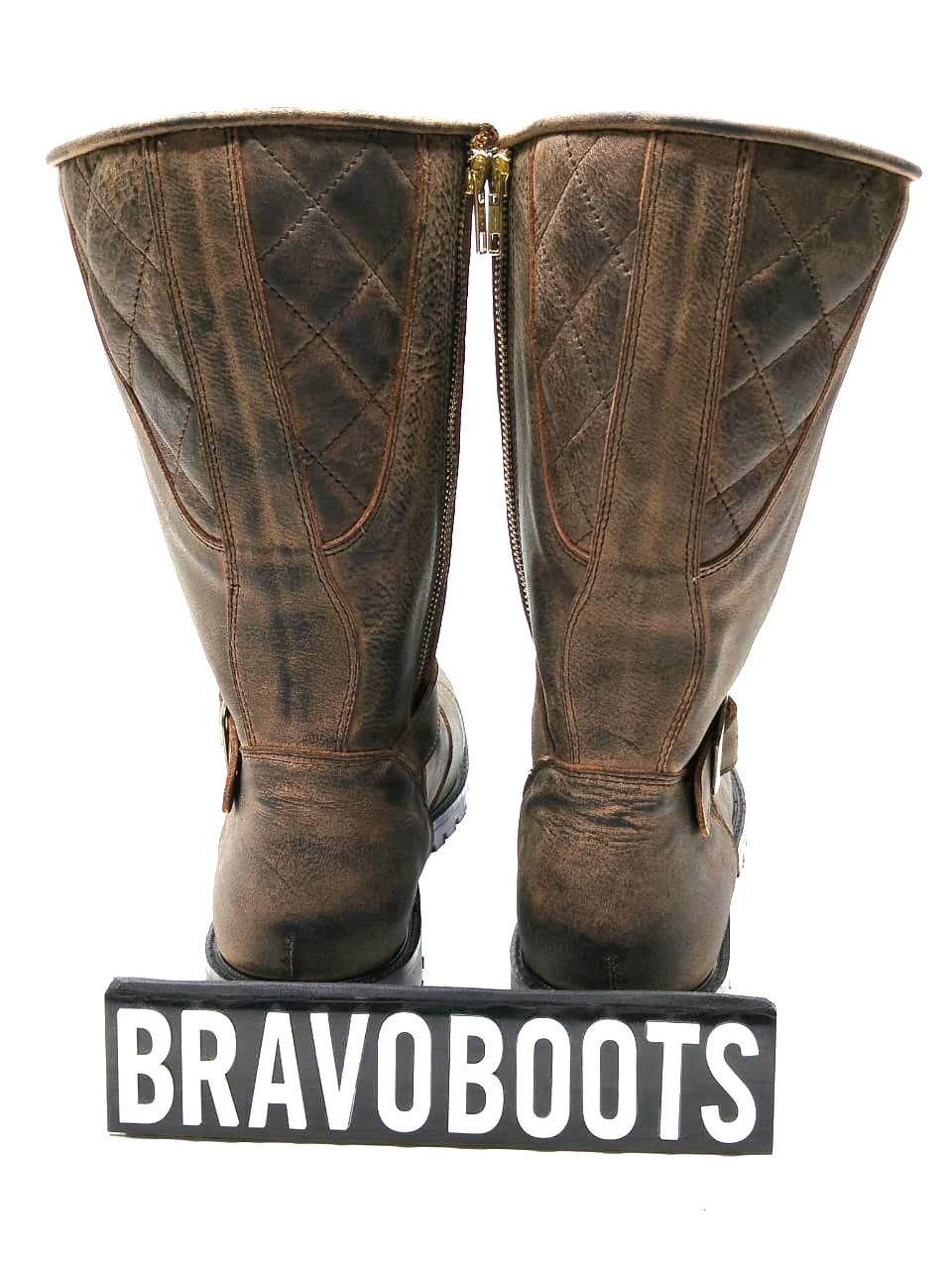 Biker Men Boots Distressed Leather Mid Calf Motorcycle Harness Zip Brown Boots