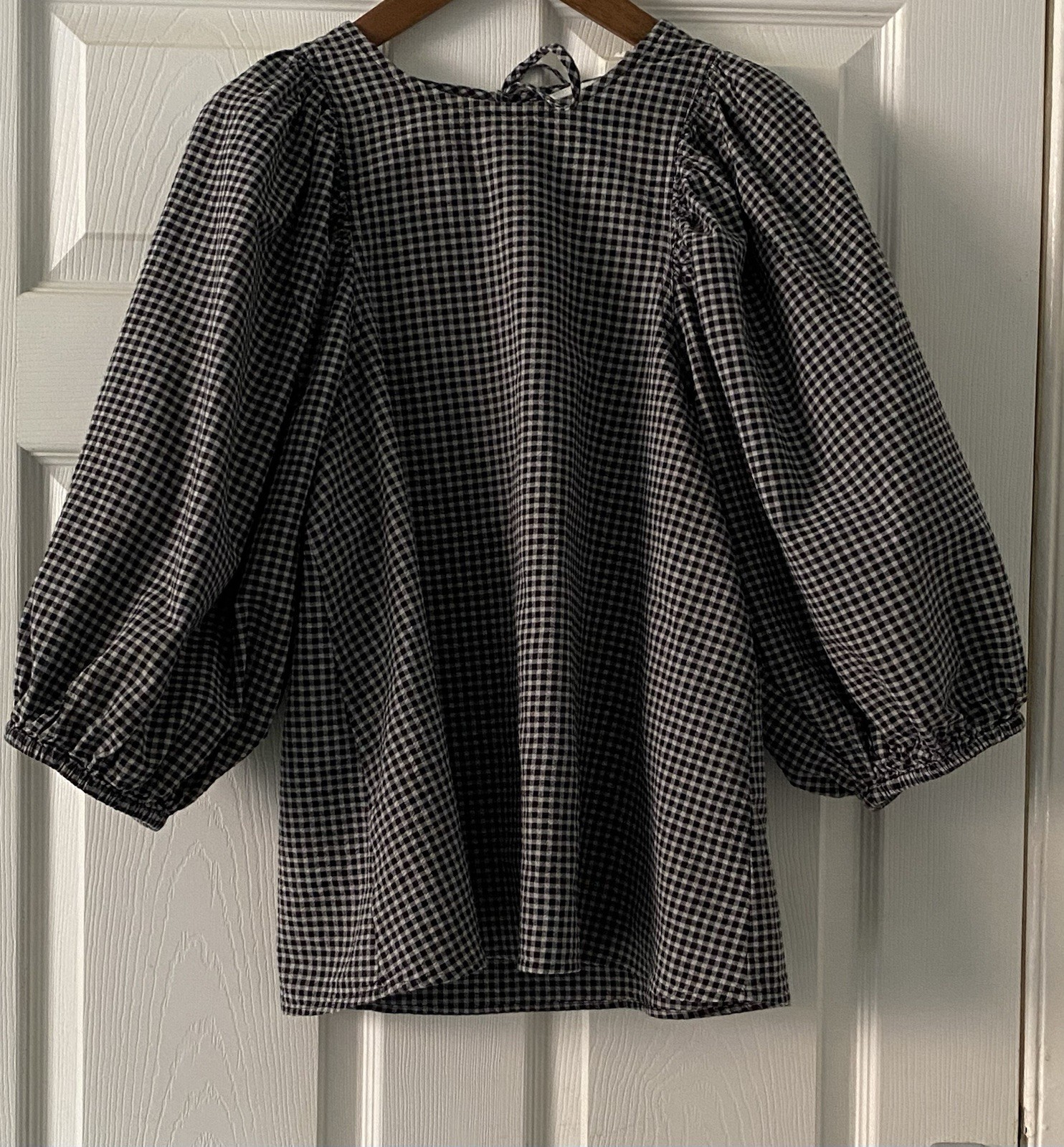 TOAST Black & White Gingham Cotton Round Neck Balloon Sleeve Blouse Size 6