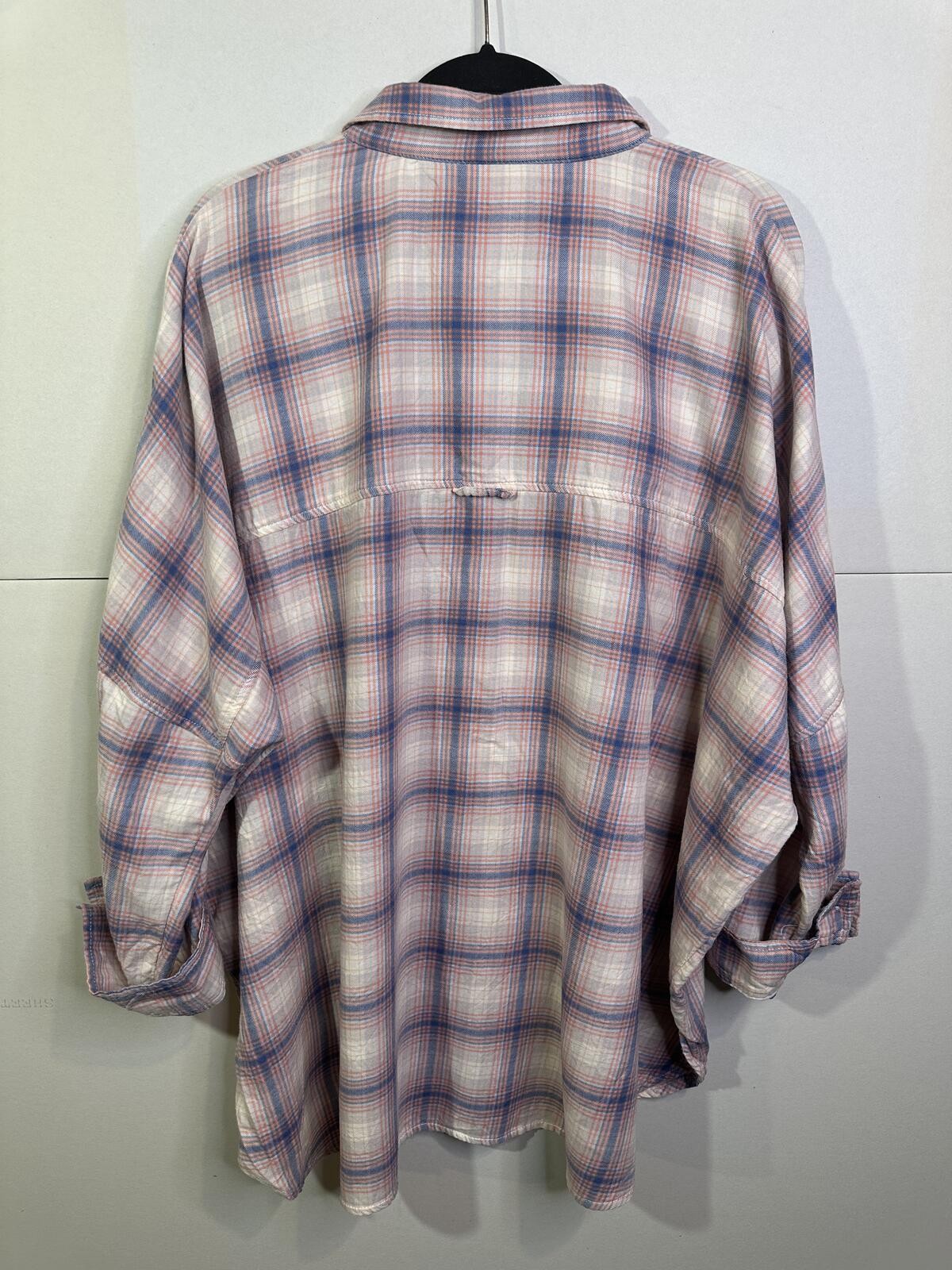 American Eagle Plaid Button Front Shirt Womens L Pink Blue High Low Roll Tab