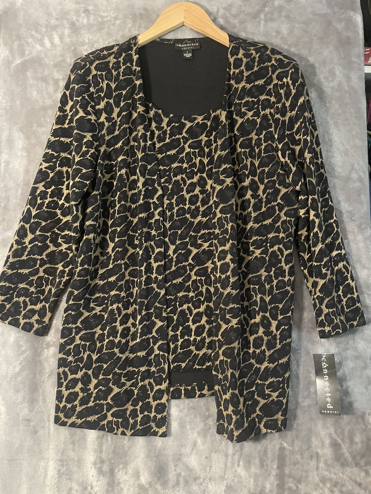 CONNECTED APPAREL CARDIGAN ATTACHED TOP Sparkle Black Tan Size L