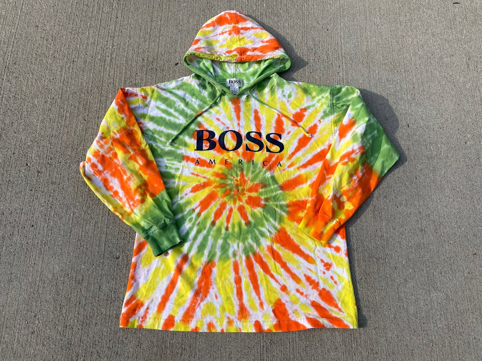 vintage tie dye BOSS America hooded shirt – sz L – hoodie grunge 90s hip hop