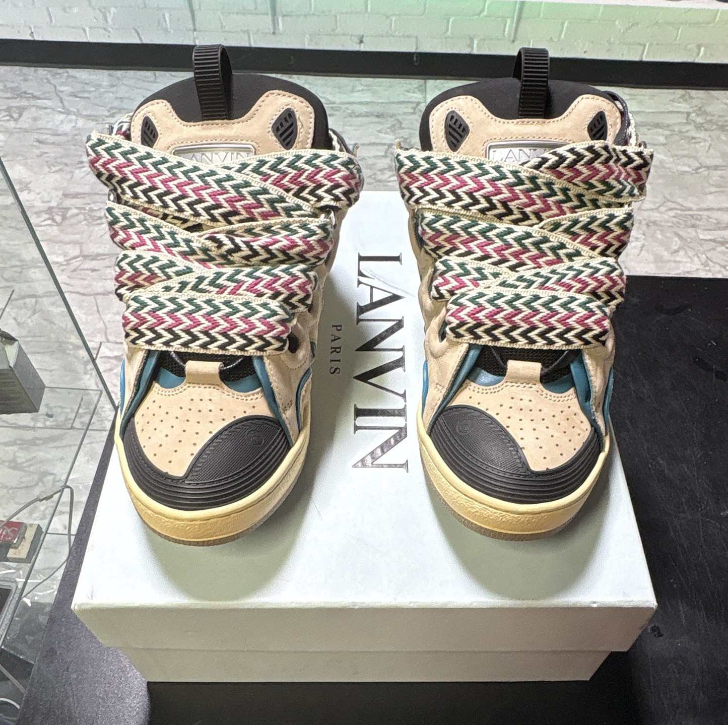 LANVIN Men’s High-Top Sneakers Beige/Black Chevron Multicolor Laces New Box