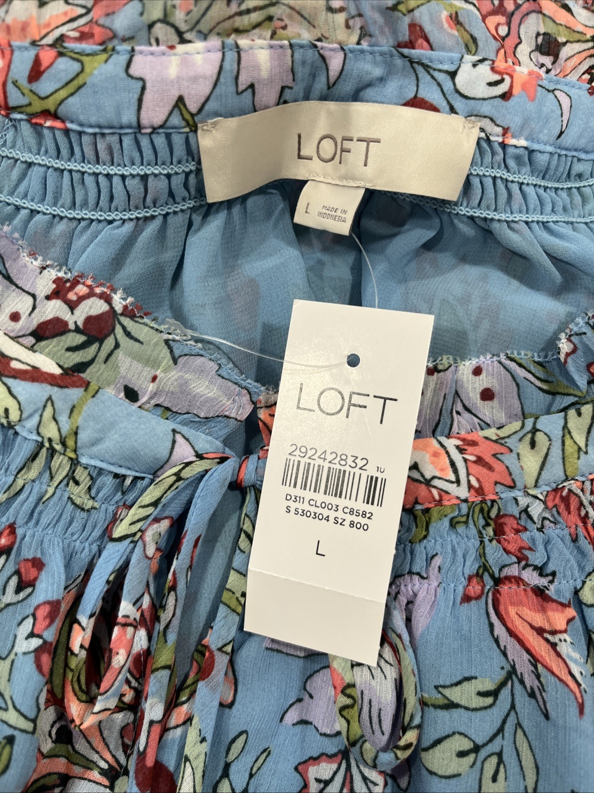 LOFT Blouse Top Women’s Size L Blue Floral Bell Sleeves Ties In Front Lined