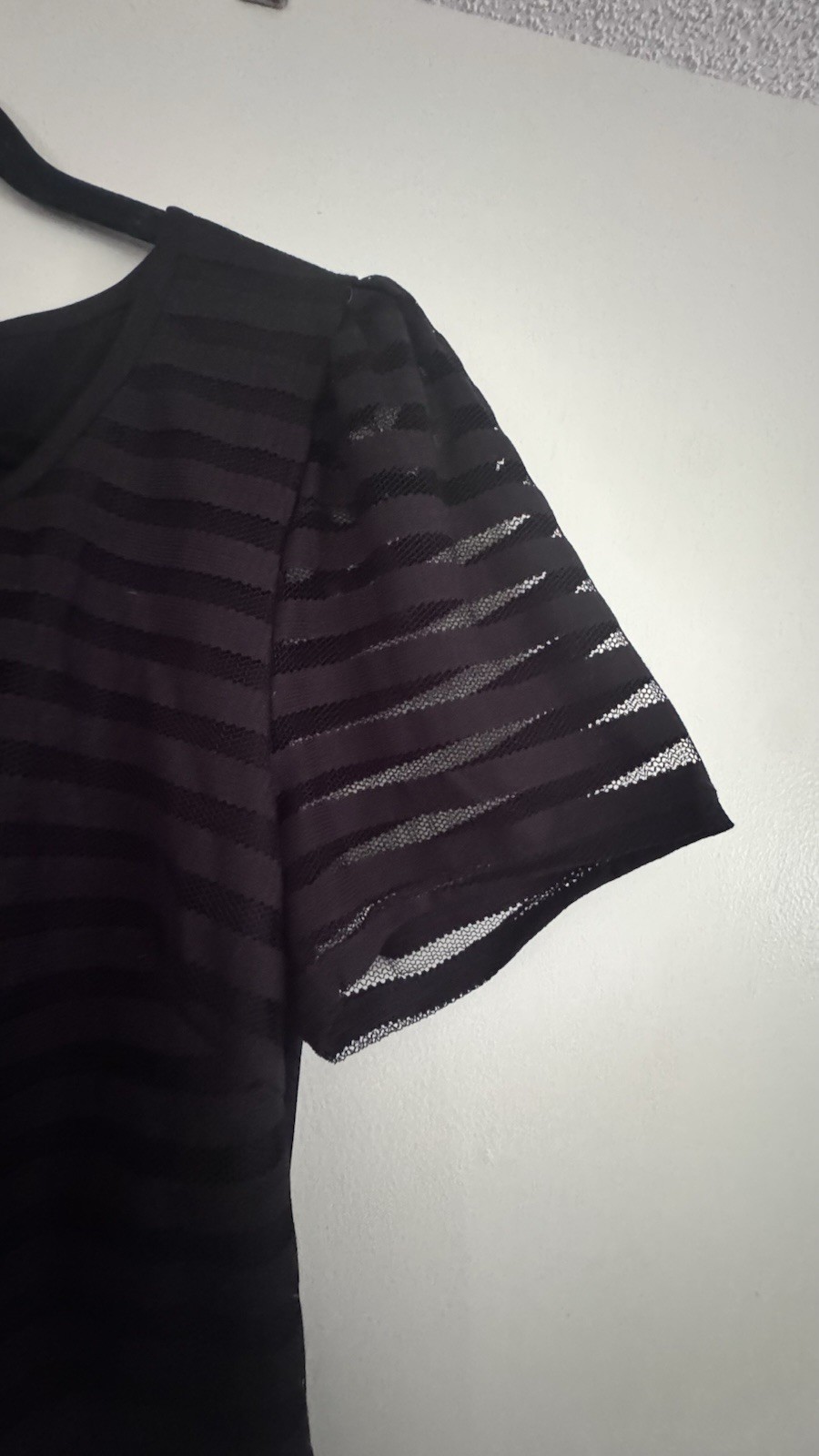 bebe Black Cropped Sheer Stripe Knit Round Neck Short Sleeve Top NWT L