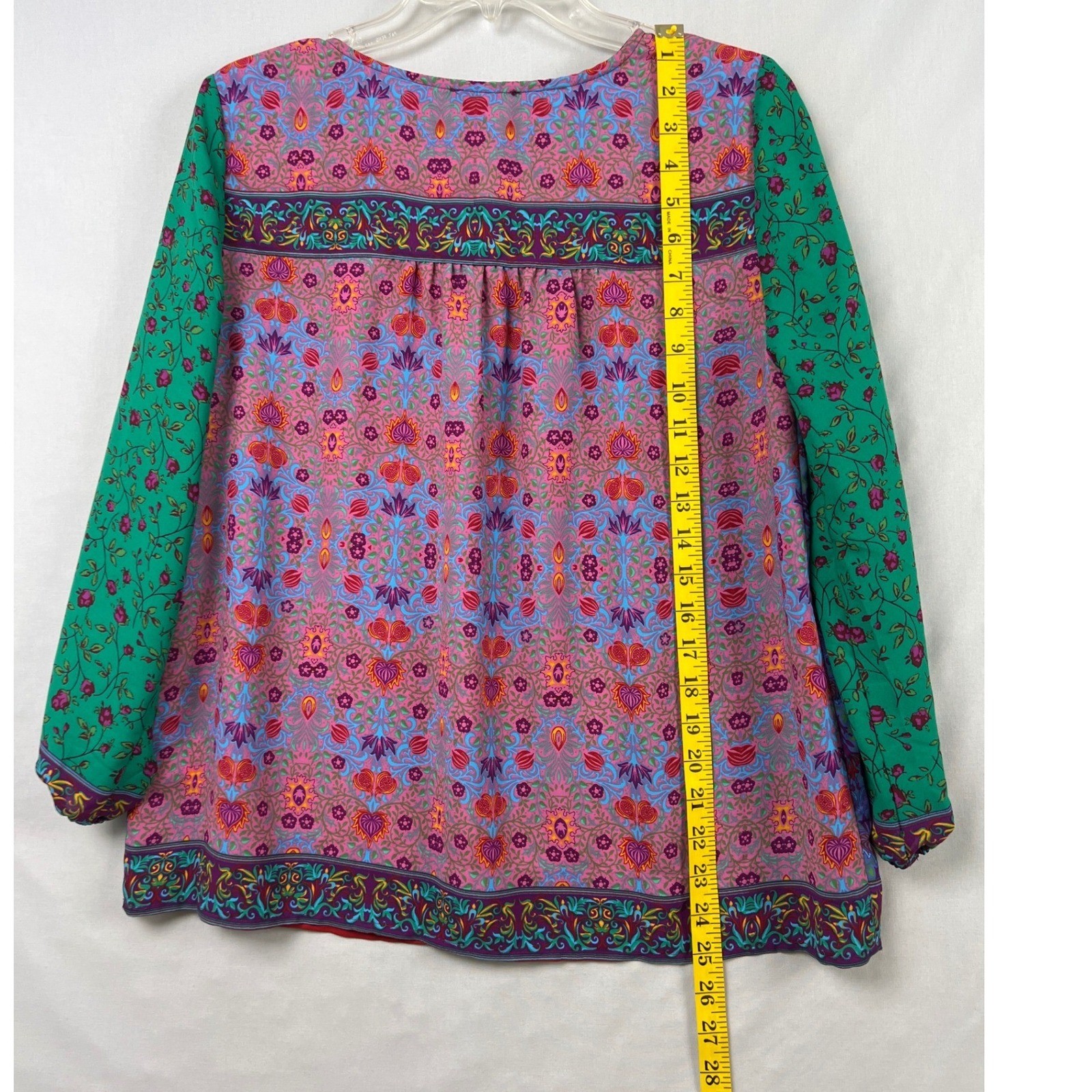 Dalia Peasant Blouse Womens Medium Pink Green Floral Tassel Boho Mixed Print