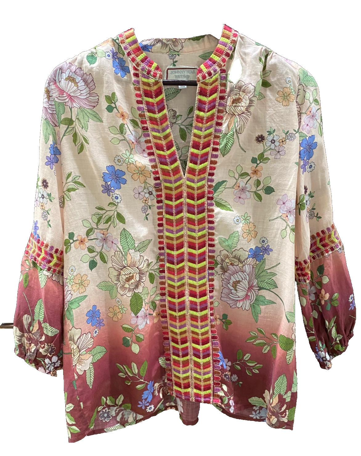 Johnny Was Paris Effortless Pink Ombré Floral Blouse Embroidered S