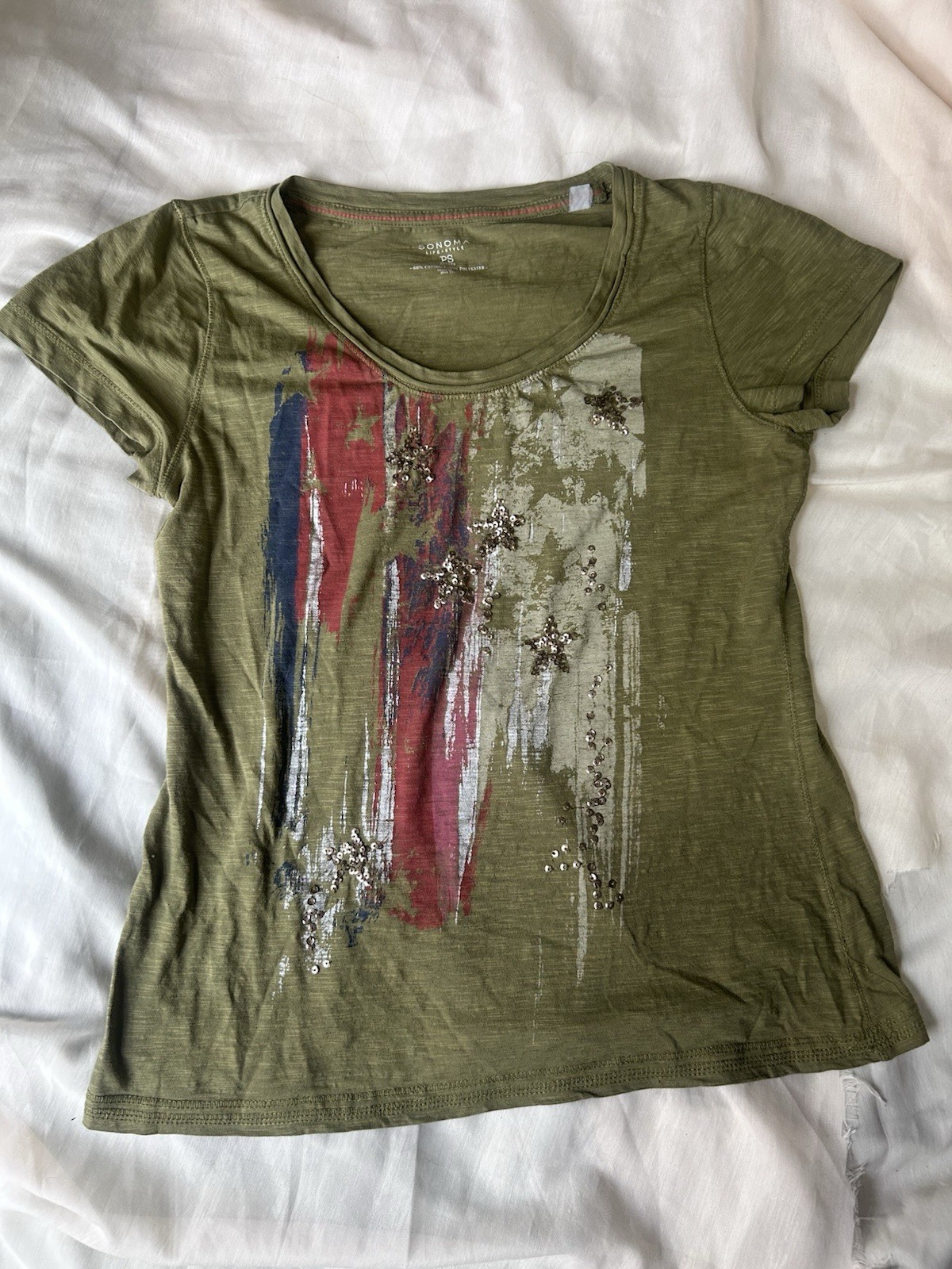 Sonoma Flag Graphic Tshirt Sequin sz PS vtg y2k cotton blend forest green