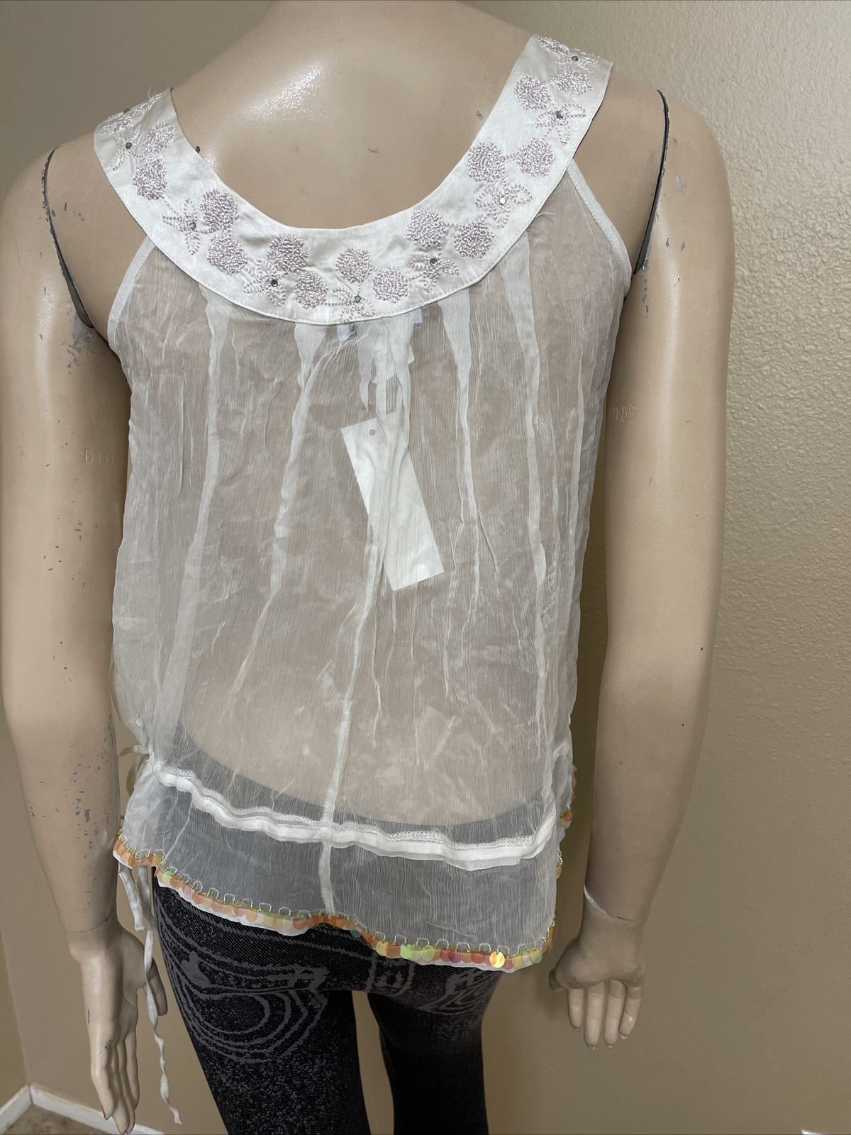 Women’s White Silk Casual Opened Beaded Embroidered Sheer Tie Size M Top Blouse