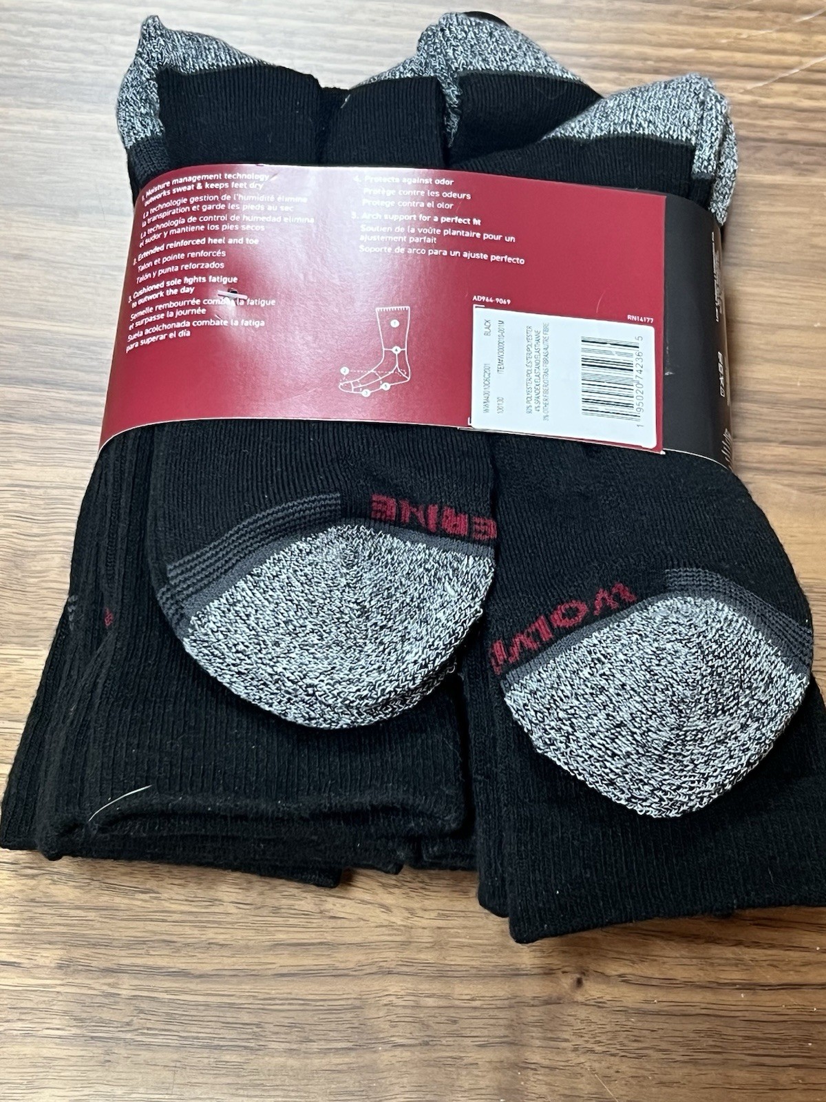 WOLVERINE Men’s Shoe Size 7-12 Large Performance Work Crew Socks Black 6-Pairs