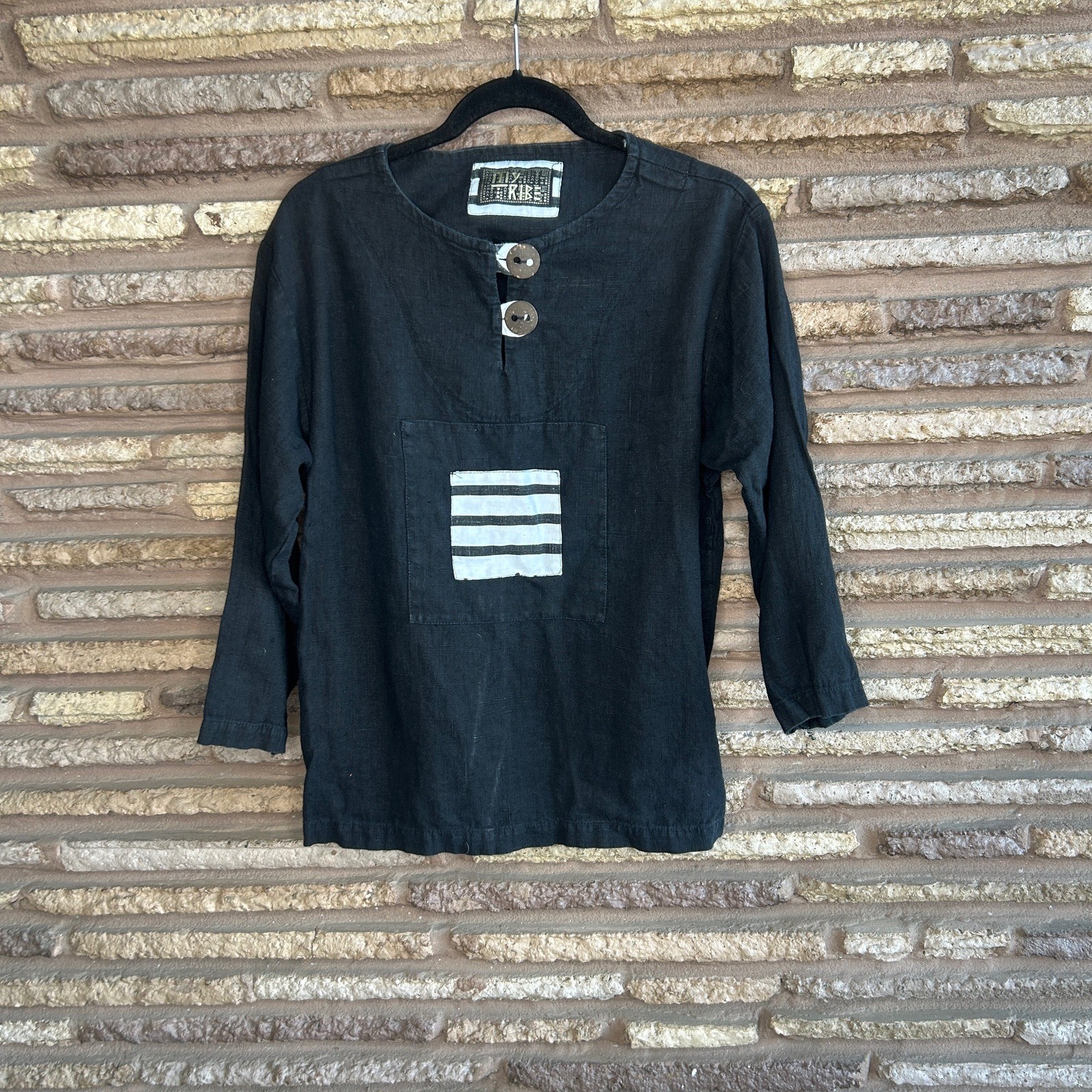 My Tribe Joy Burton Y2K Black Linen Boho Festival Top Size Small