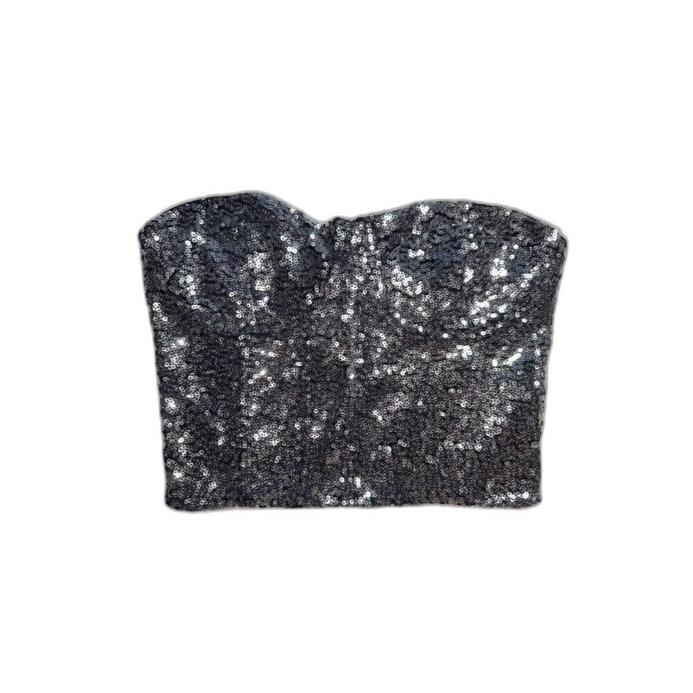 Forever 21 Black Sequin Shimmer Cropped Bustier Top – Small – Party Concert Y2K
