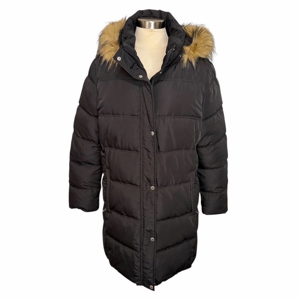 TOMMY HILFIGER Down Alternative Quilted Knee-Length Parka in Black, XXL