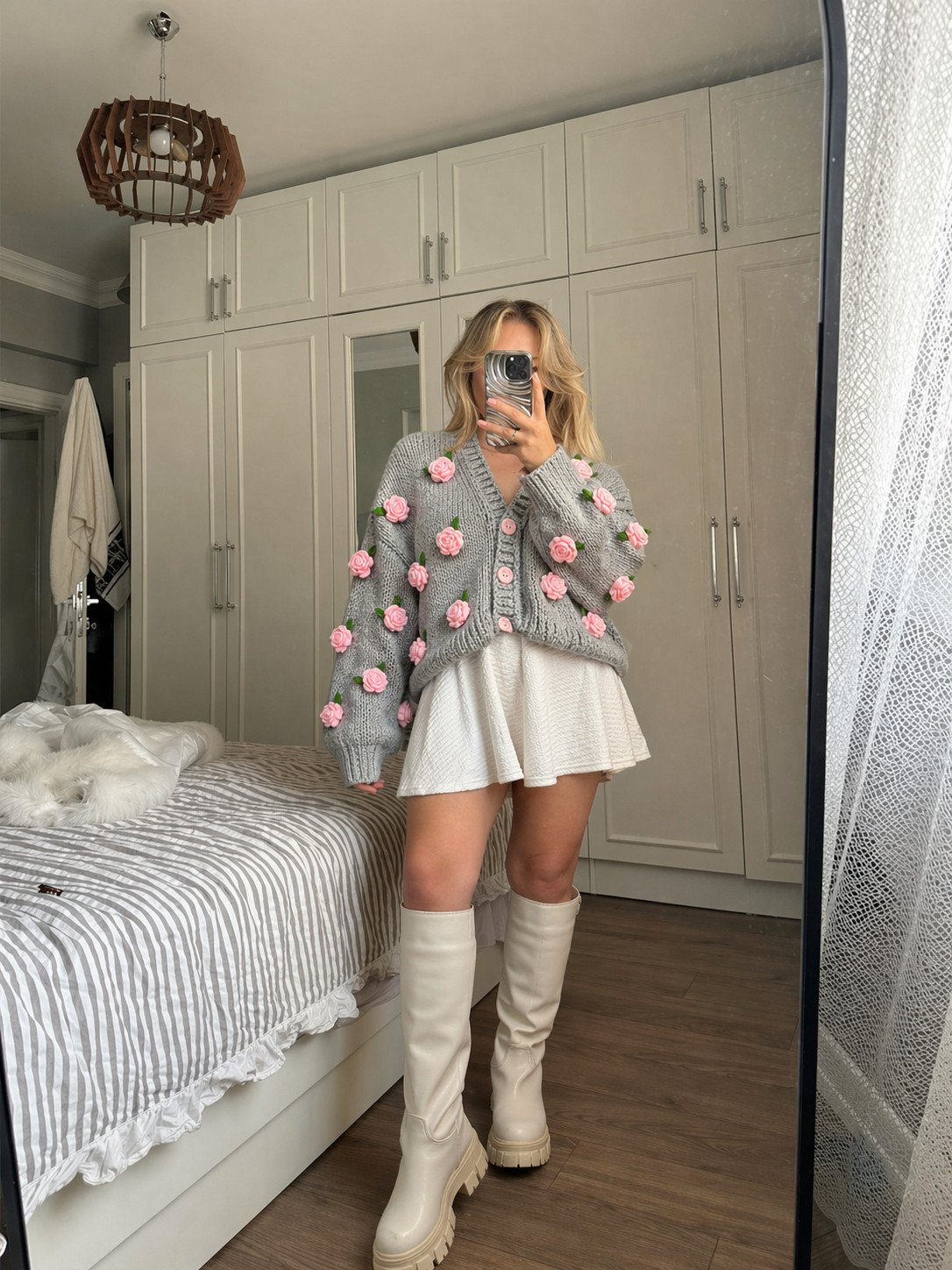 Hand-Embroidered Grey Cardigan, Pink Roses, Oversized Knit Sweater, Cottagecore