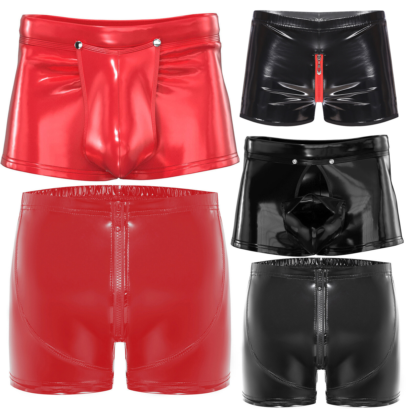 US YiZYiF Men Wet Look Leather Openable Crotch Boxer Shorts Zipper Button Shorts