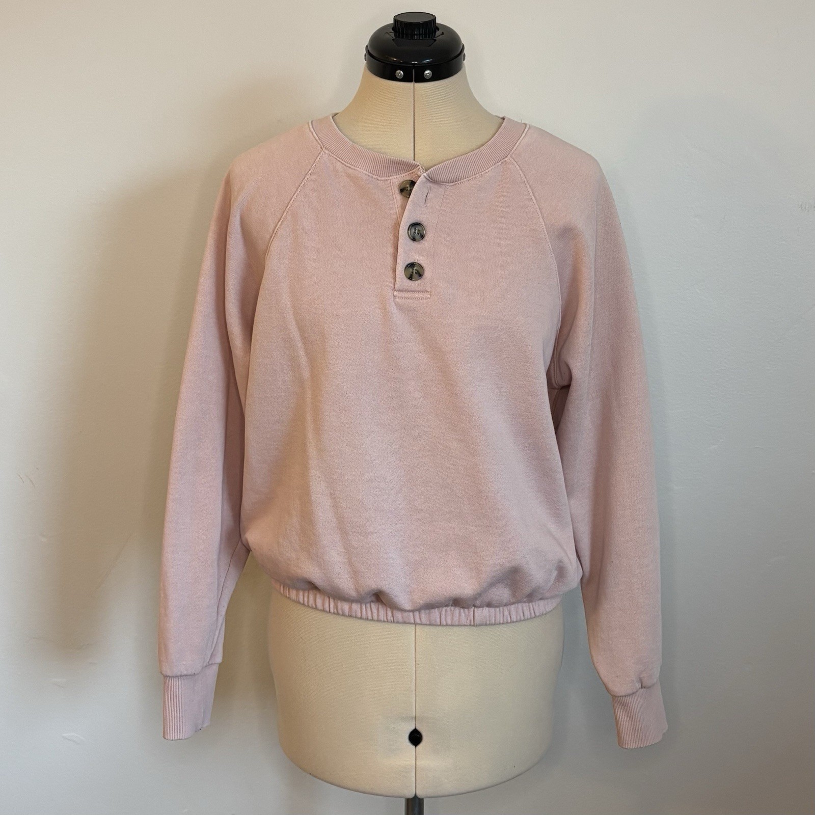 Hippie Rose Light Mauve Pink Pullover Sweatshirt Fleece Lined Button Crew Neck M