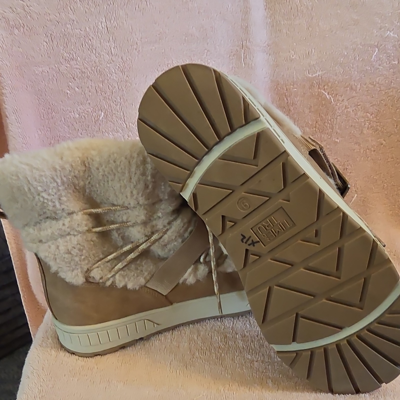 Moon Boot Shearling Fur Trim Lace Up Buckle Mid-Calf Snow Boots Beige Women