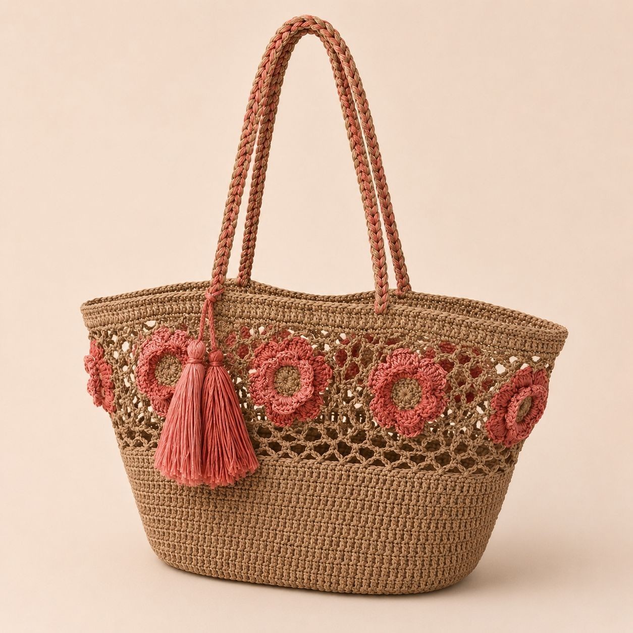 Handmade Crochet Beach Tote Bag Pink Floral Straw Shoulder Bag Boho Summer