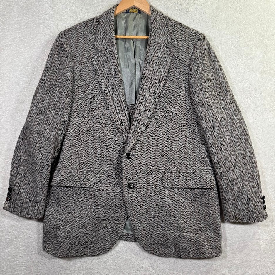 VINTAGE Harris Tweed Men 42R Sport Coat Thick Grey Herringbone Scottish Wool USA