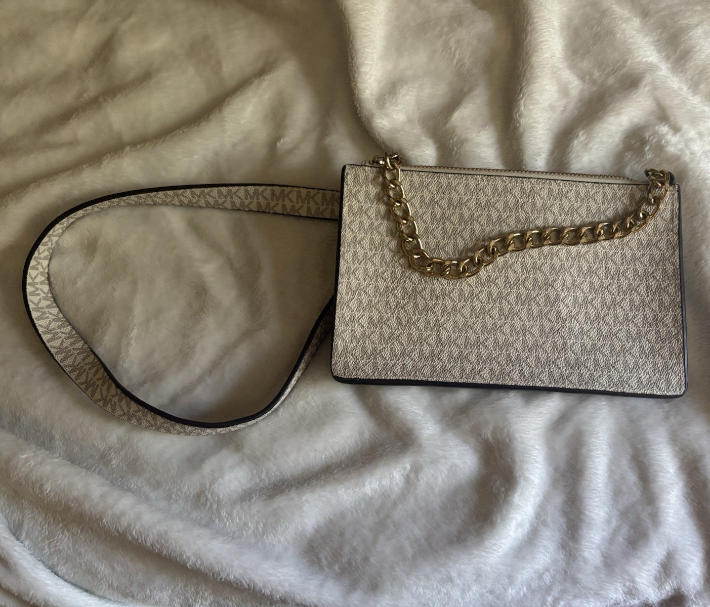 Michael Kors Beige Monogram Zip Small Crossbody, Gold-Tone Chain, Detach Strap