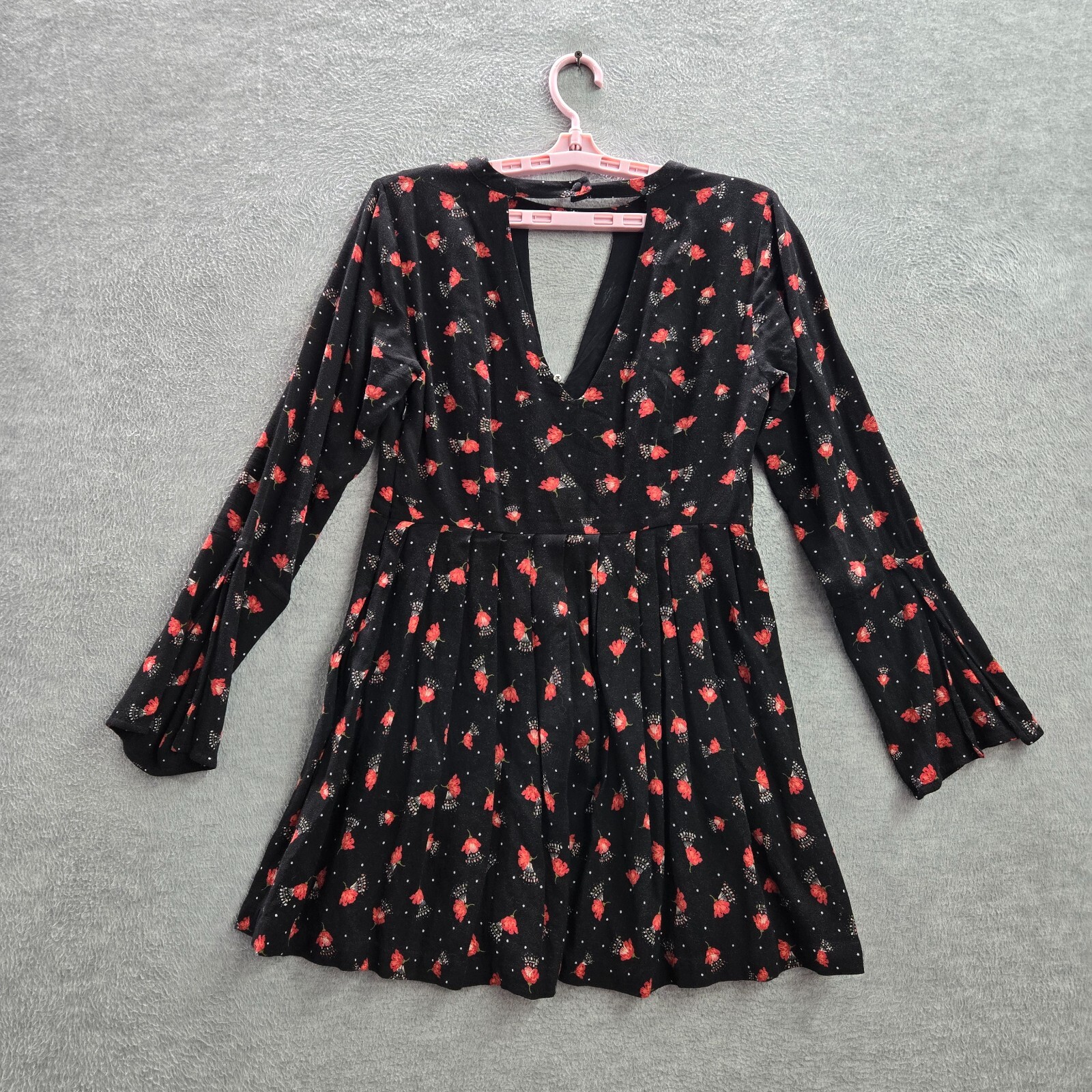 Free People Women Dress 4 Red Floral Tegan Mini A Line Boho Pleated Keyhole