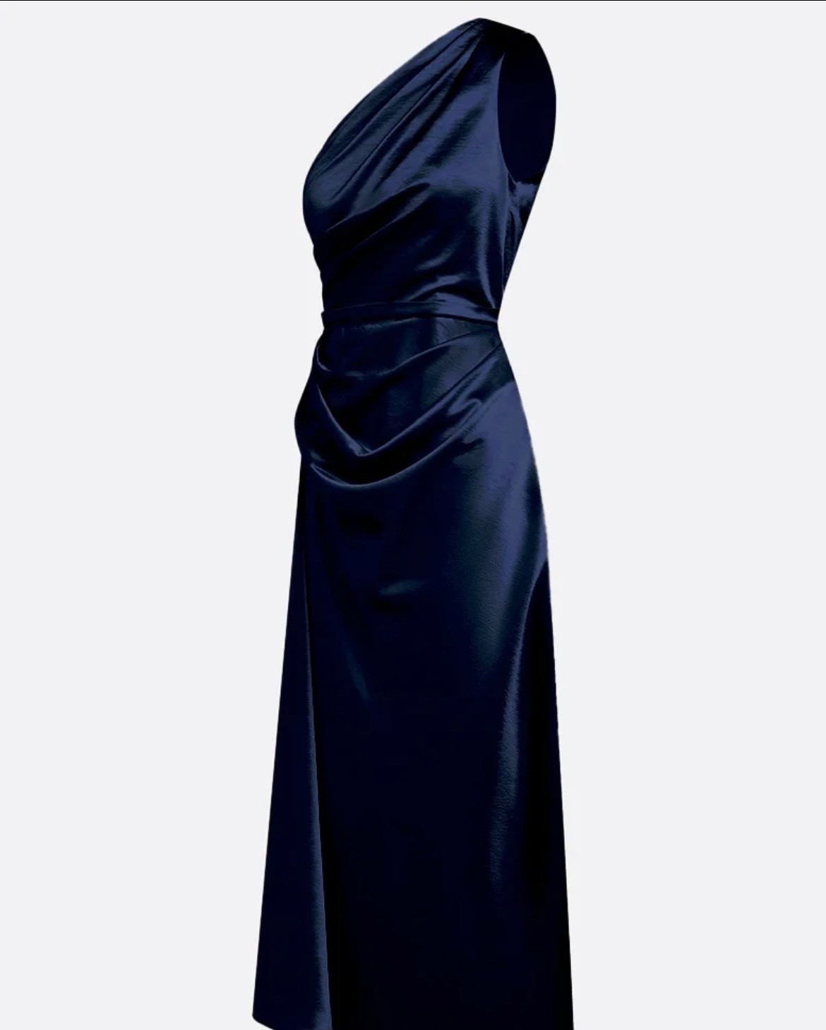 Fehaute – Navy Ruched Satin One Shoulder Sleeveless Sheath Midi Dress