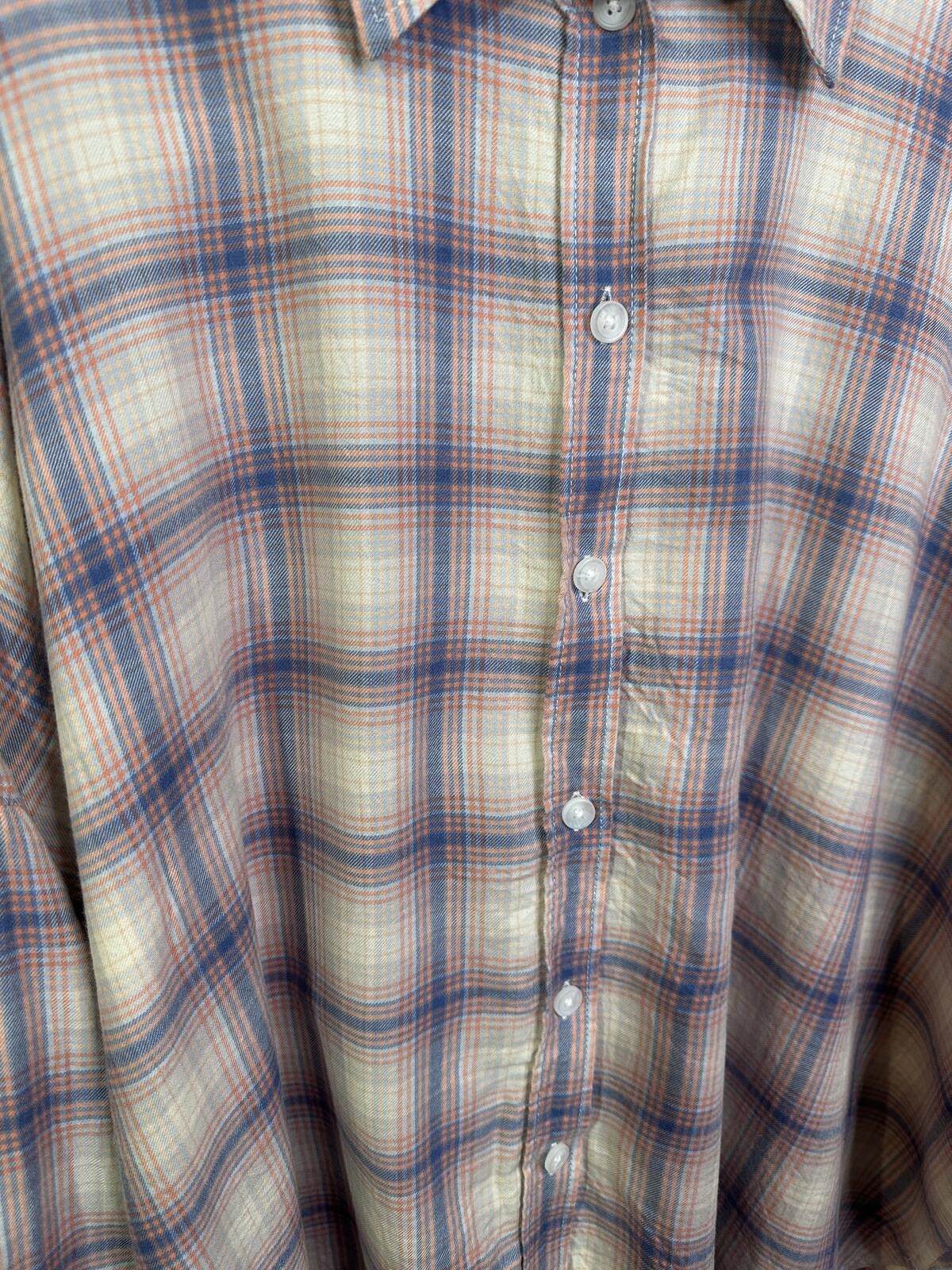 American Eagle Plaid Button Front Shirt Womens L Pink Blue High Low Roll Tab