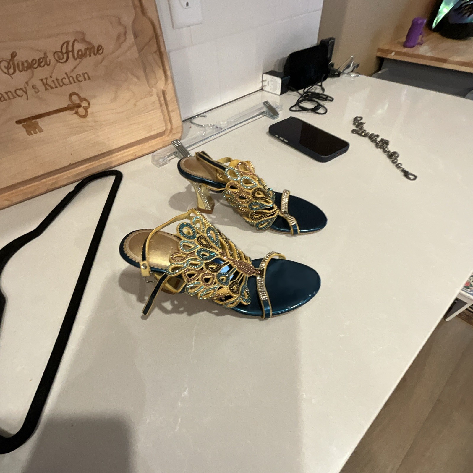 Womens Gold/Blue Leather Strappy Open Toe Ankle Strap Buckle Block Heels 6.5