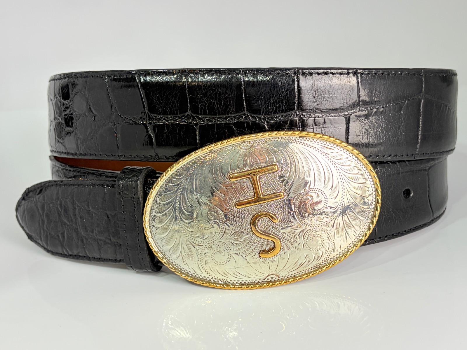Comstock Silversmiths Sterling Silver 925 Engraved Belt Buckle Real Alligator 42