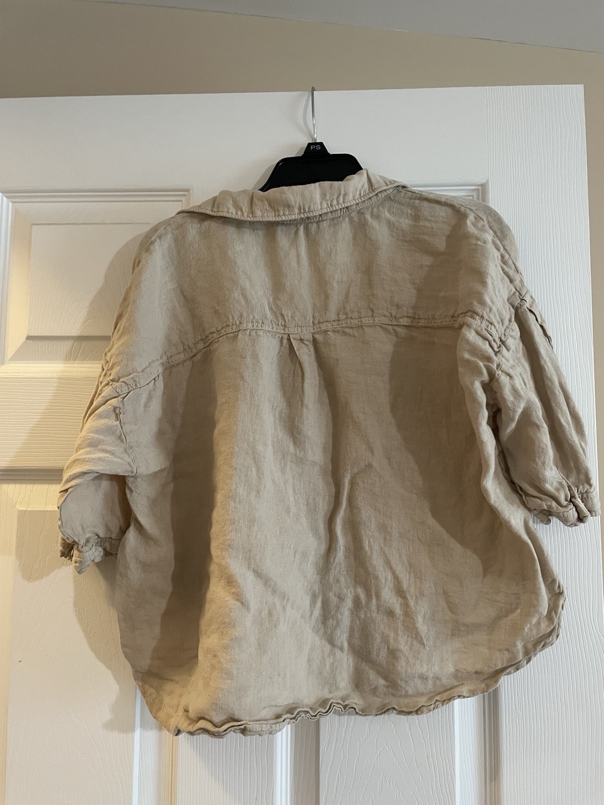 ZARA Tan Short Sleeve Linen Button Down Oversized Crop Top Size M