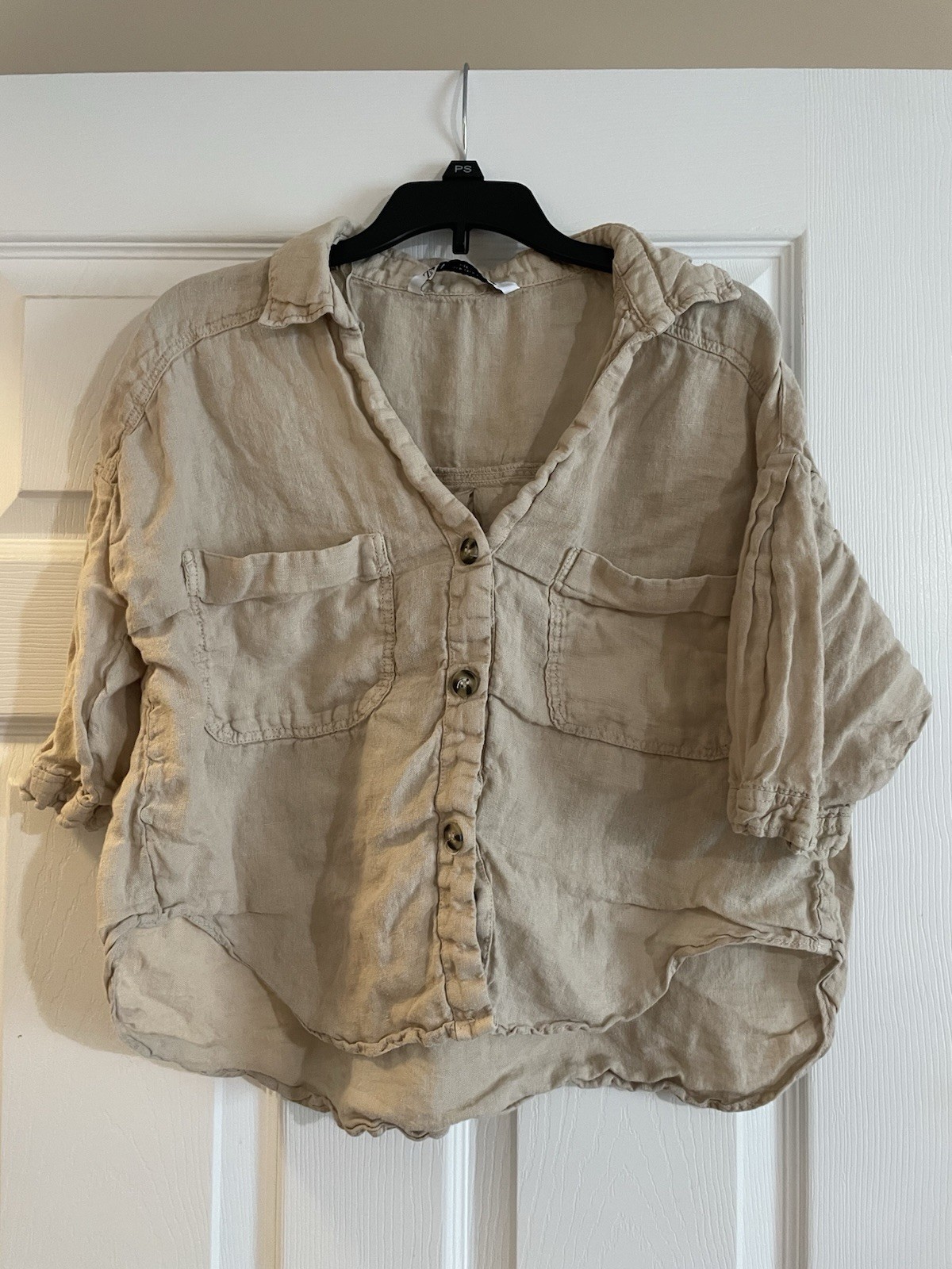 ZARA Tan Short Sleeve Linen Button Down Oversized Crop Top Size M