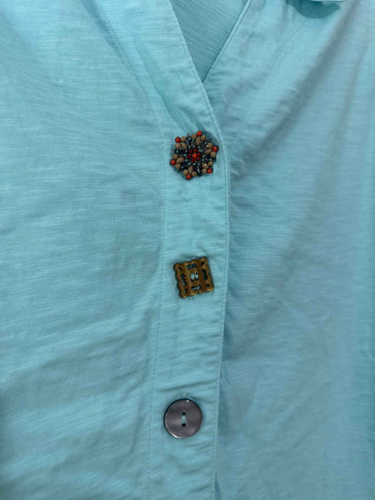 Soft Surroundings Danielle Aqua Blue Knit Asymmetric Button Tank Top Blouse Sz L