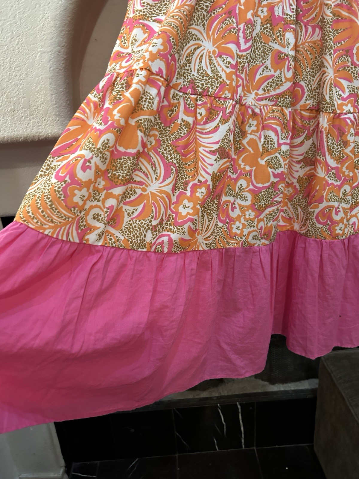 VOY Women’s L V-Neck Floral Ruffle Sleeve A-Line Knee Dress Pink Orange