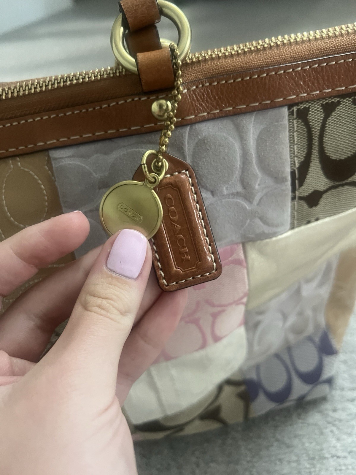 Coach Patchwork Multicolor Tote Zip Top Gold Hardware Charm Inner Pockets