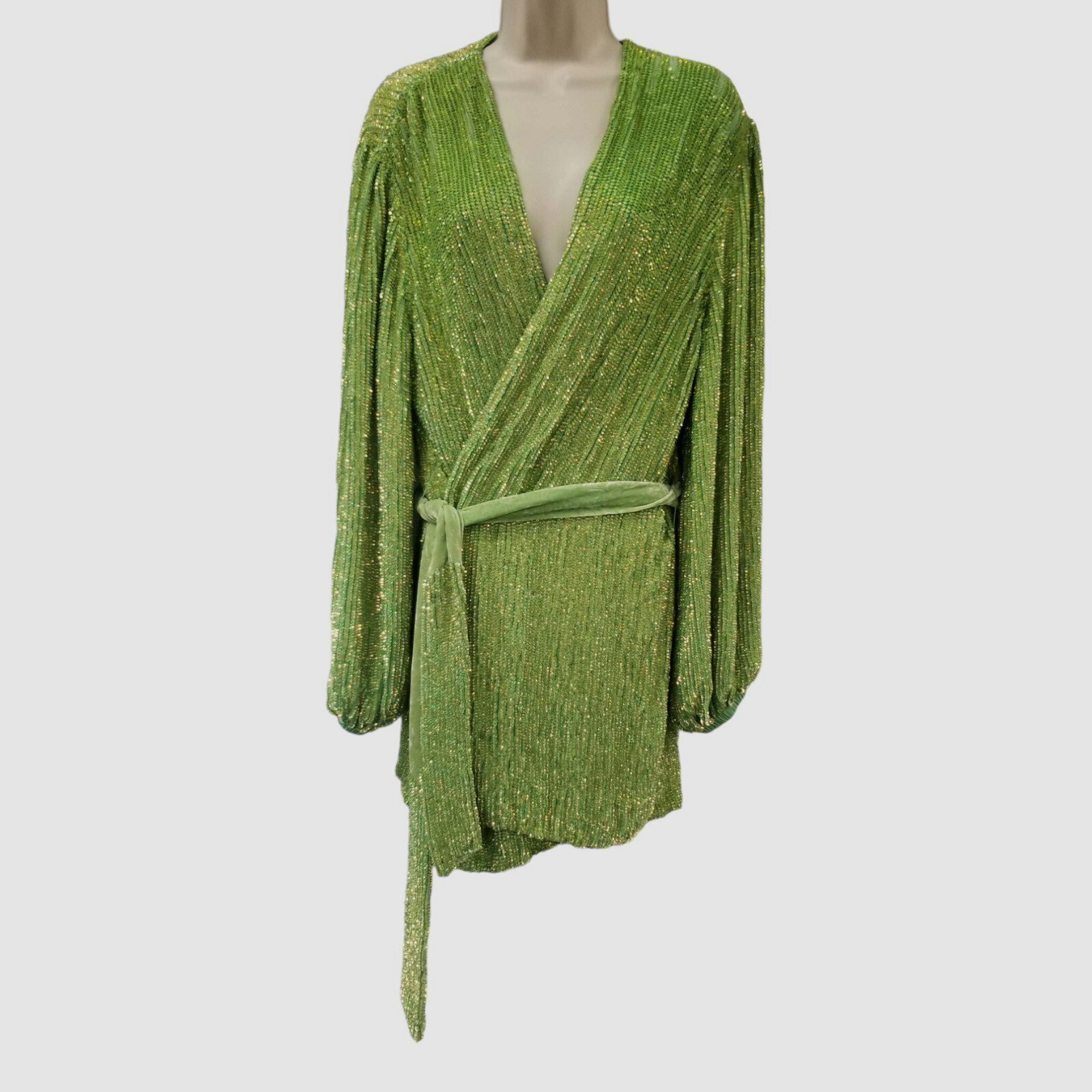 $675 Retrofete Women’s Green Gabrielle Sequin Self-Tie Wrap Mini Dress Size M