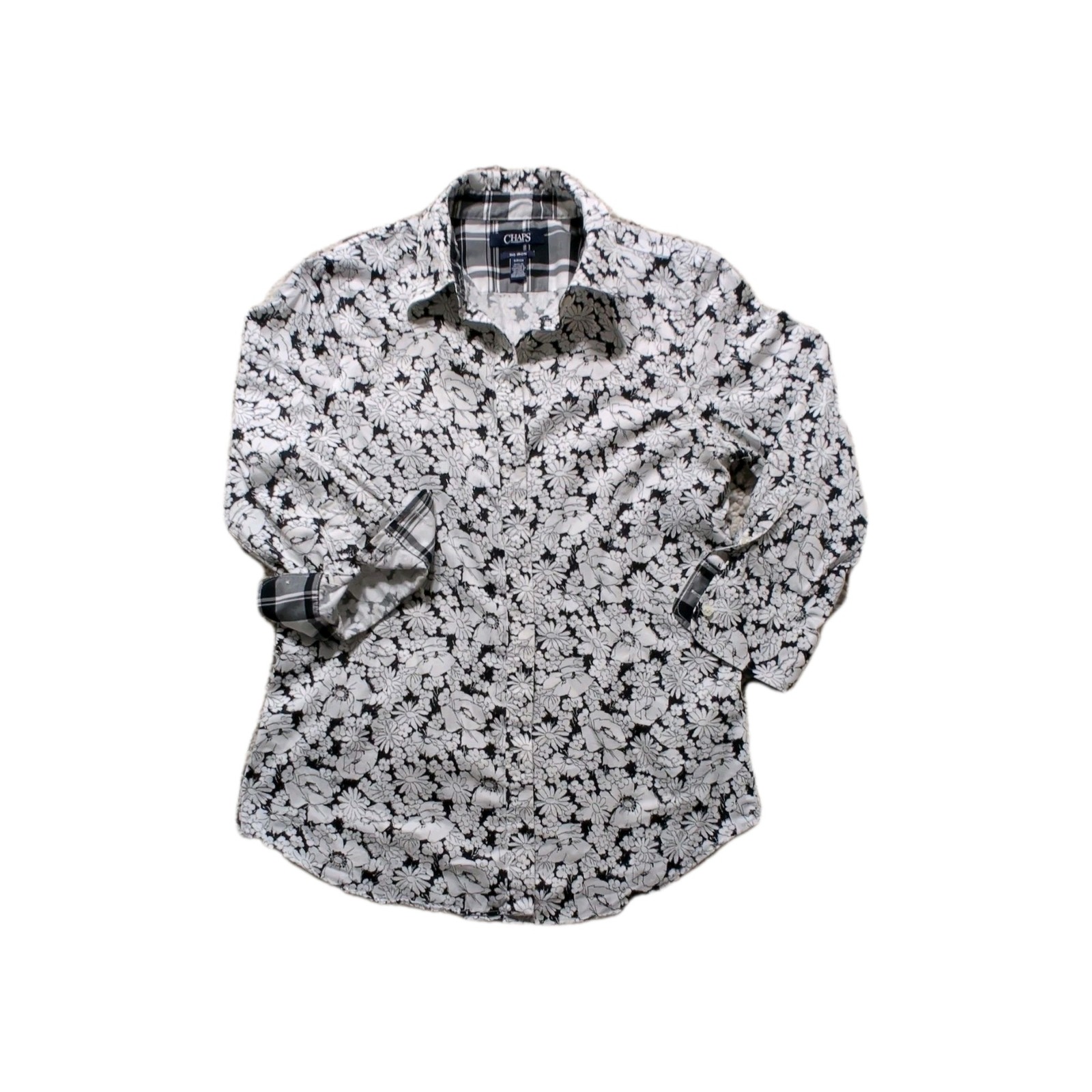 Chaps No Iron Women’s Black/White Floral 3/4 Sleeve Woven Cotton Button-Up S