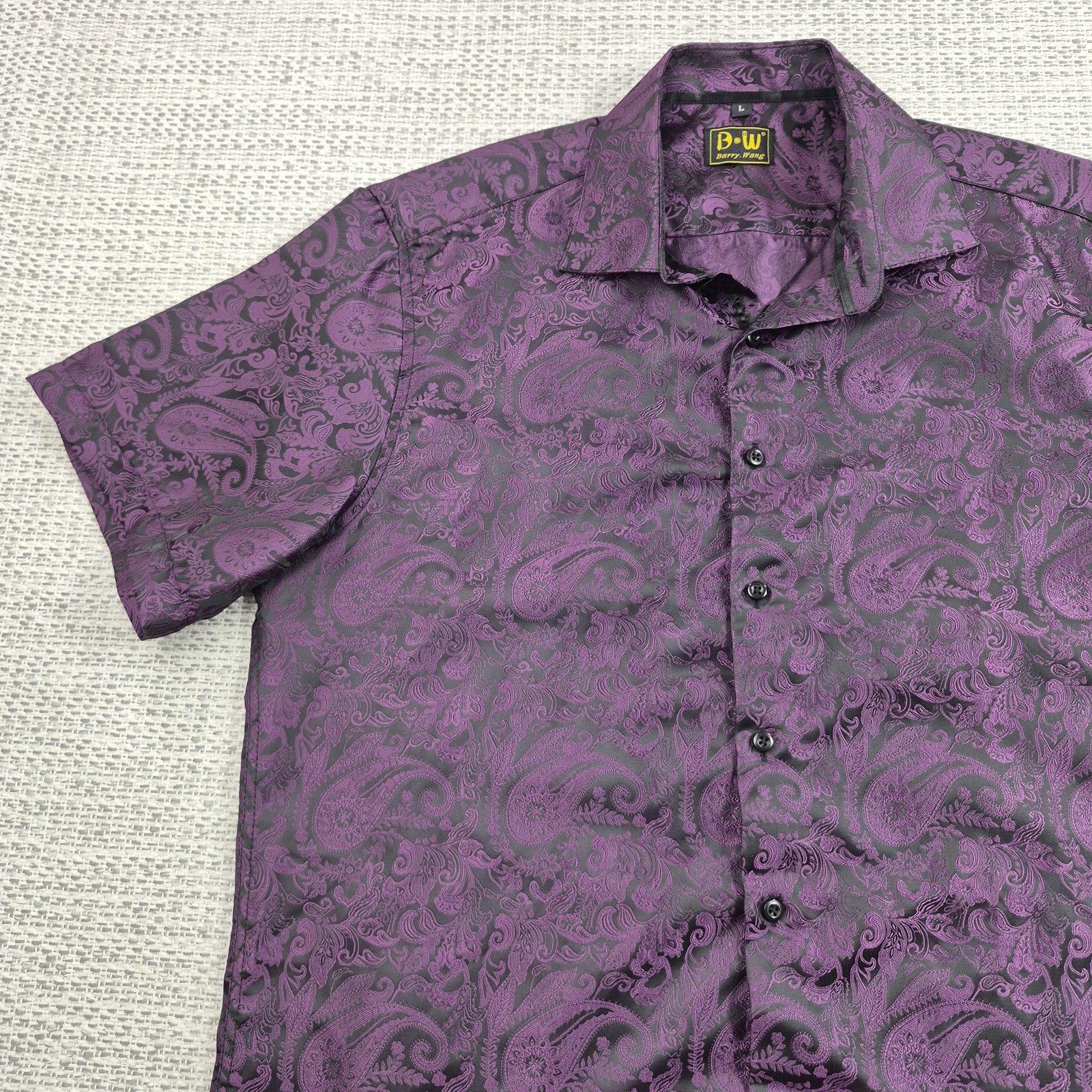 Barry Wang Button Up Shirt Mens Large Purple Paisley Short Sleeve Satin Party