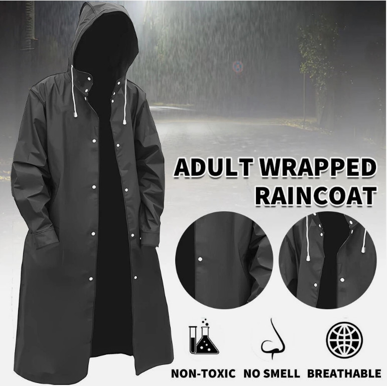Men Black Waterproof Long Raincoat Hooded Trench Jacket Outdoor Hiking Rain Coat