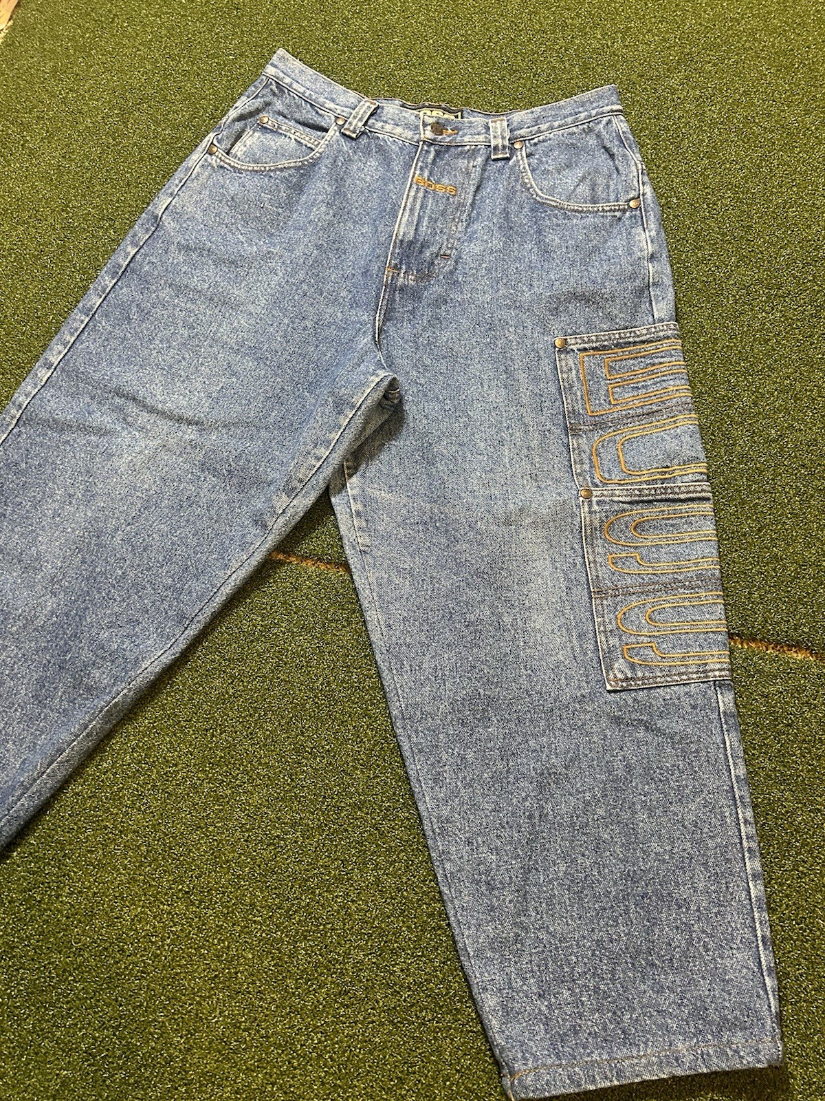 Vintage 90’s BOSS Baggy Embroidered Jeans Gold Retro 34×30 Skate Grunge Hip Hop