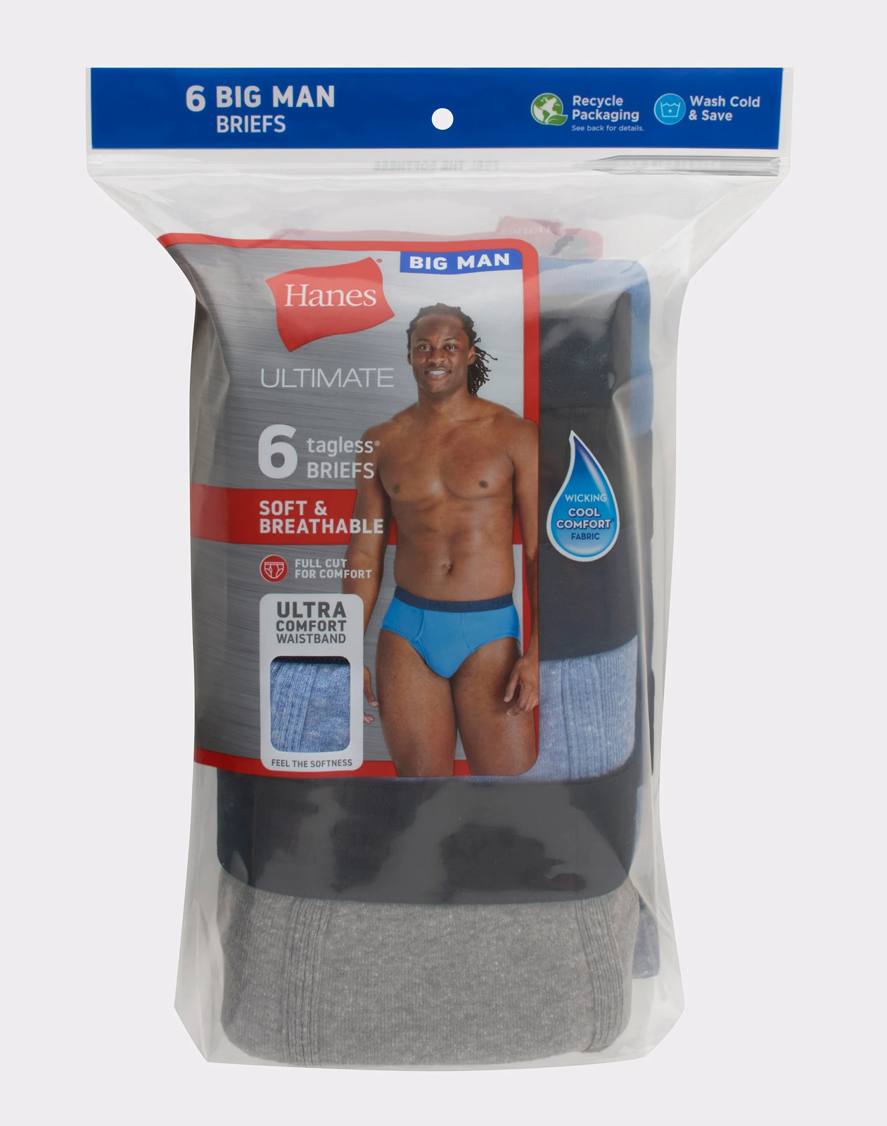 Hanes Brief 6-Pack Men Ultimate Big Man Cool Ultra Comfort Waist Assorted Colors
