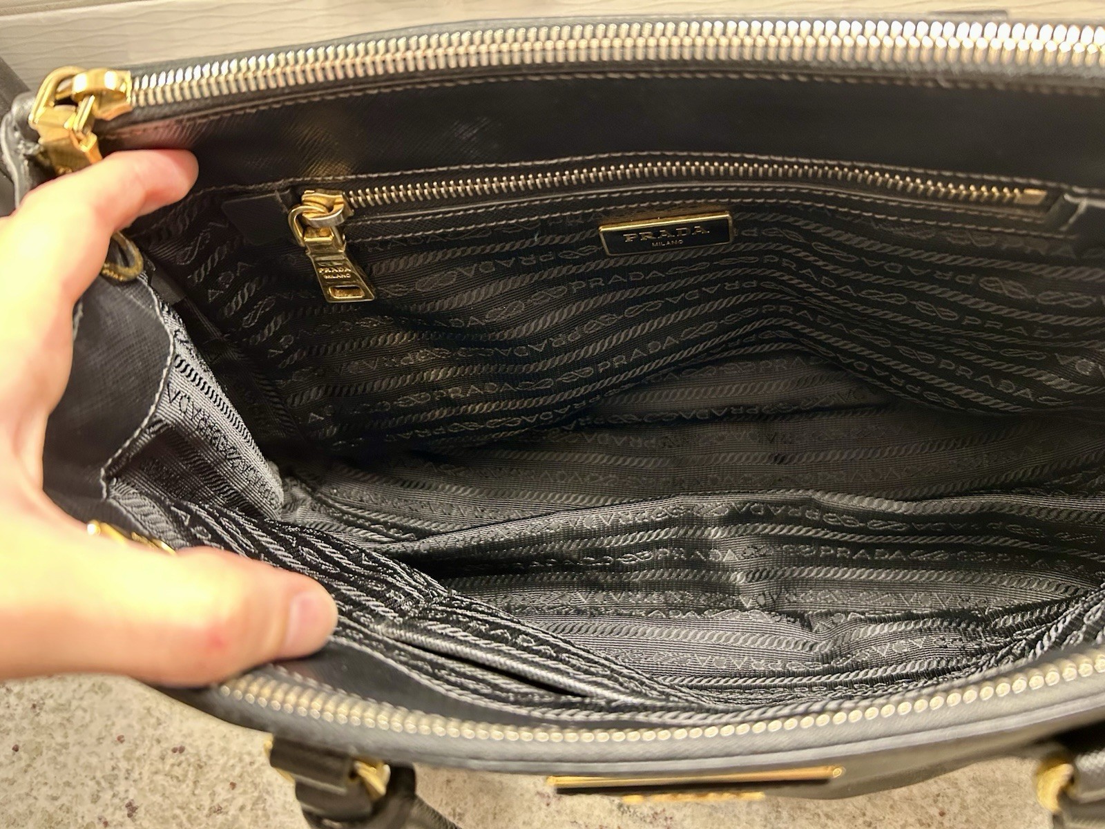 PRADA Black Galleria Saffiano Leather Top Handle Bag w/ Adjustable Strap, Gold