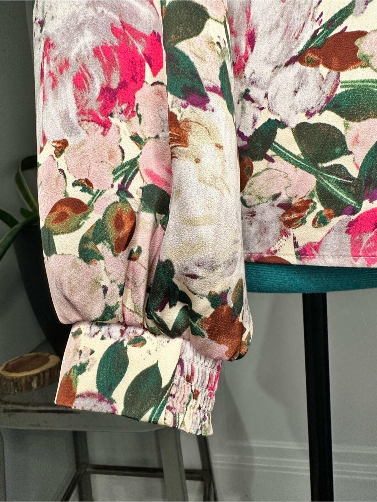 CAbi Floral Mandarin-Collar Blouse – Pink Multi with Green & Brown Accents
