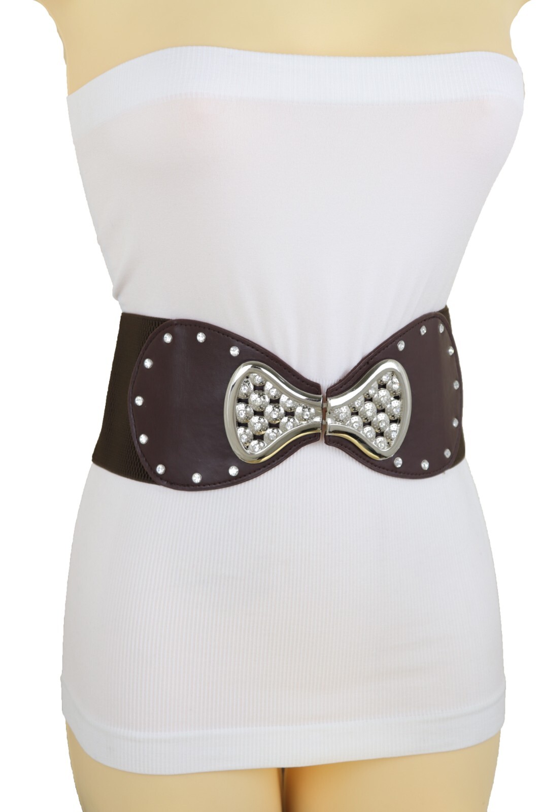 Women Dark Brown Wide Elastic Gift Present Belt Silver Metal Bow Tie Buckle S M