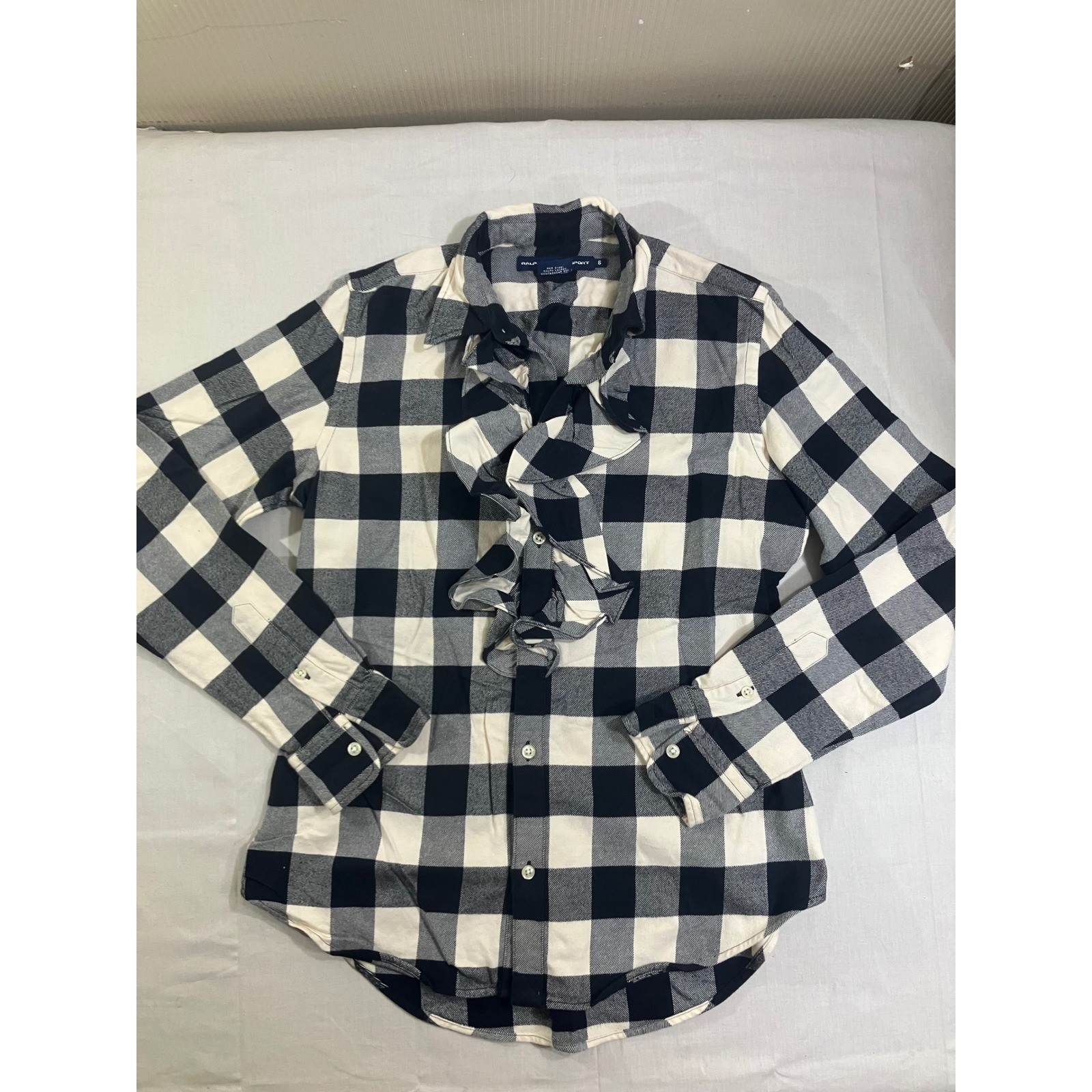 Ralph Lauren Sport Womens 6 Ruffle Front Buffalo Plaid Button Shirt Navy White