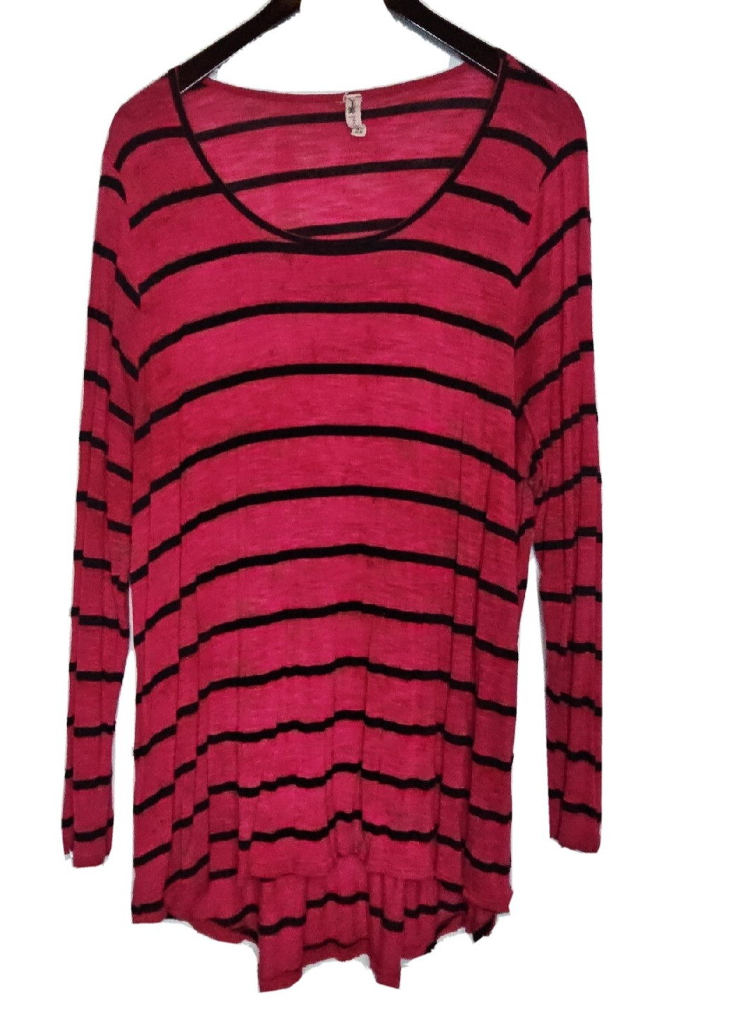 PINK LOTUS Berry Red Black Stripe Slub Knit Long Sleeve Top Relaxed Fit 2X = 18W