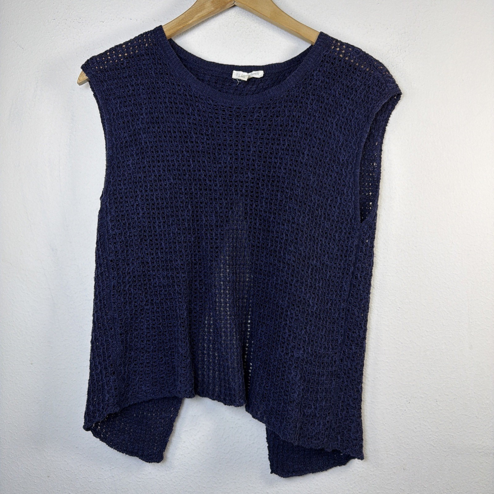 EILEEN FISHER small s/p Organic Linen Cotton Crochet Crossover Back Sweater Blue