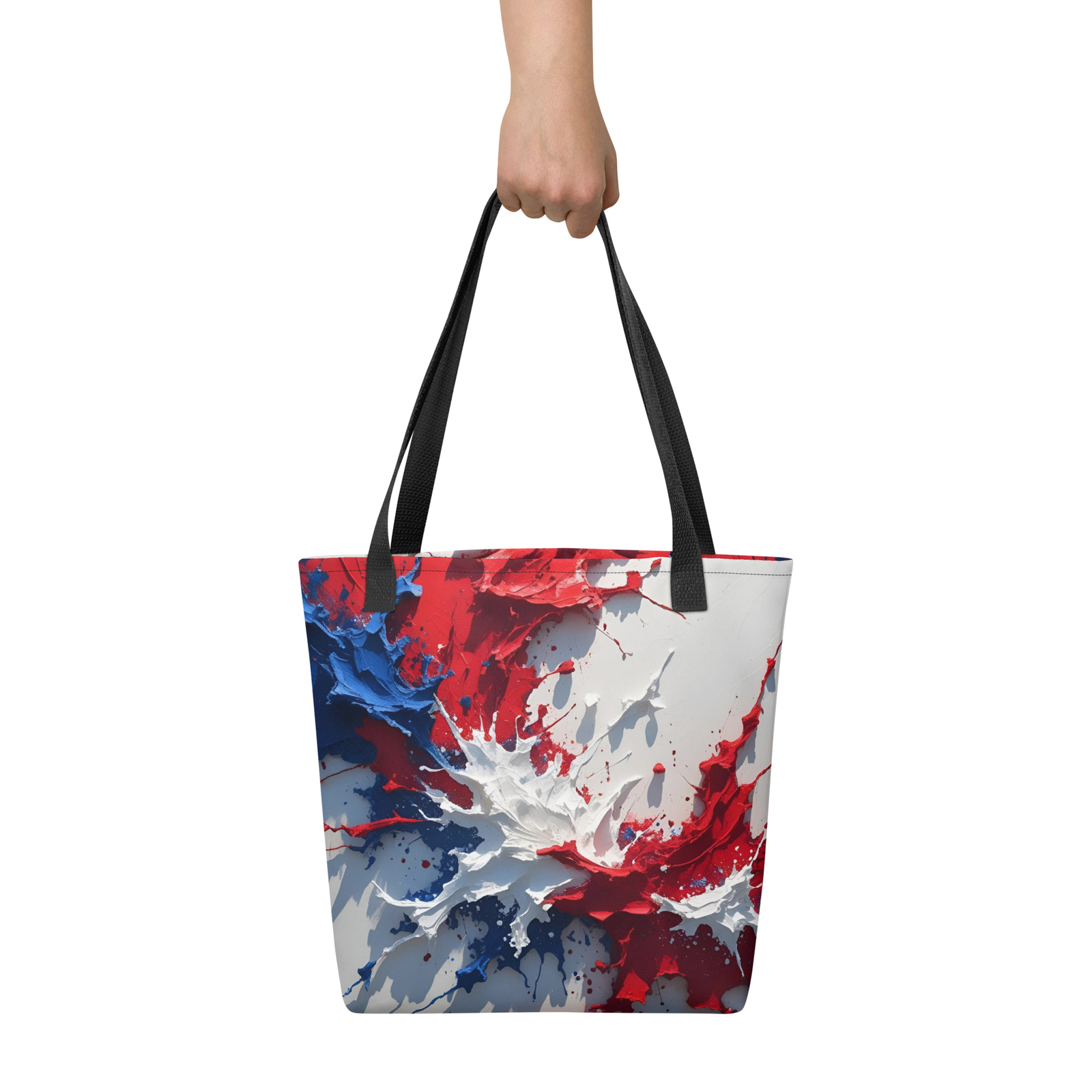 Red White Blue Paint Splatter Tote Bag 15×15 USA Patriotic Canvas Style Gift